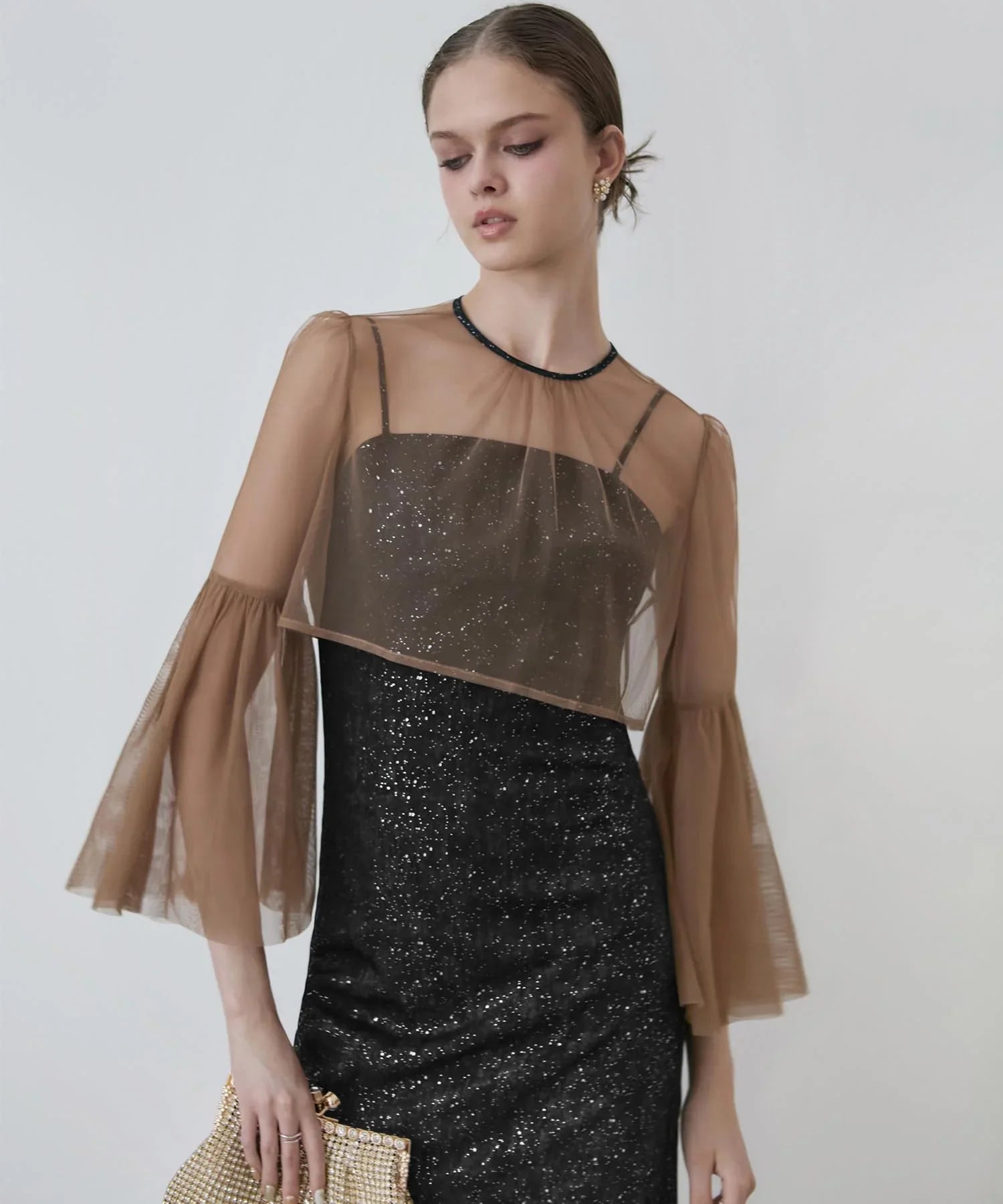 【一部当日発送】シアーチュールベルスリーブペイントIラインワンピースドレス