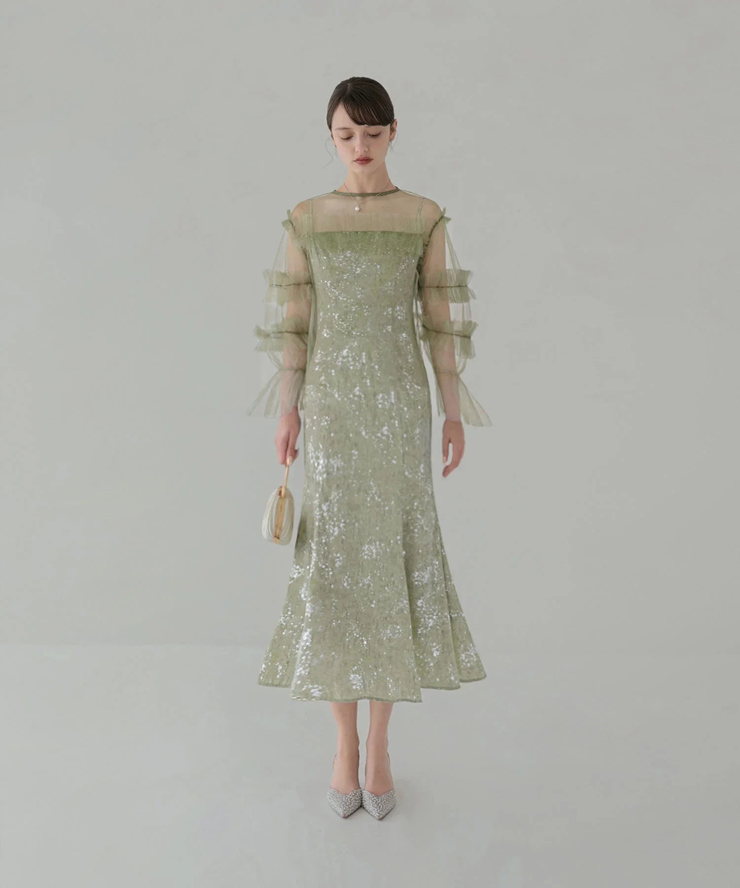 【SOLD OUT】チュールフリルペイントマーメイドワンピースドレス