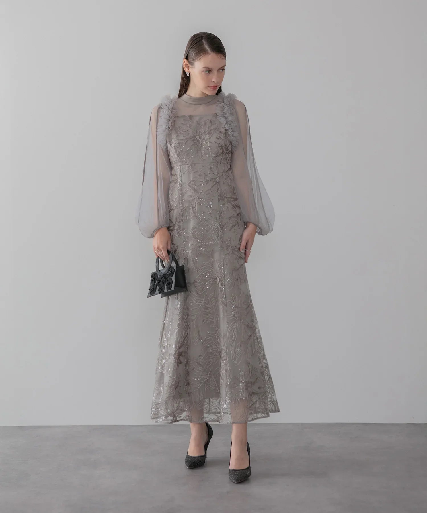 【当日発送】フラワースパンコールチュールフリルロングスリーブマーメイドワンピースドレス