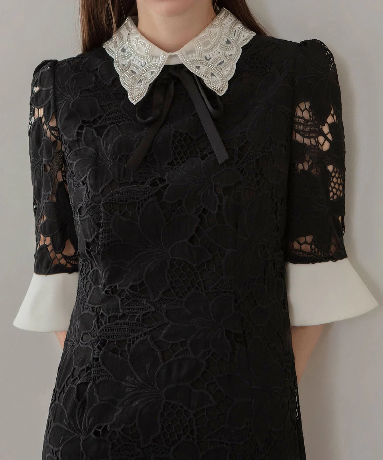 【一部当日発送】パールカラーボウタイフラワーレースフィッシュテールワンピースドレス