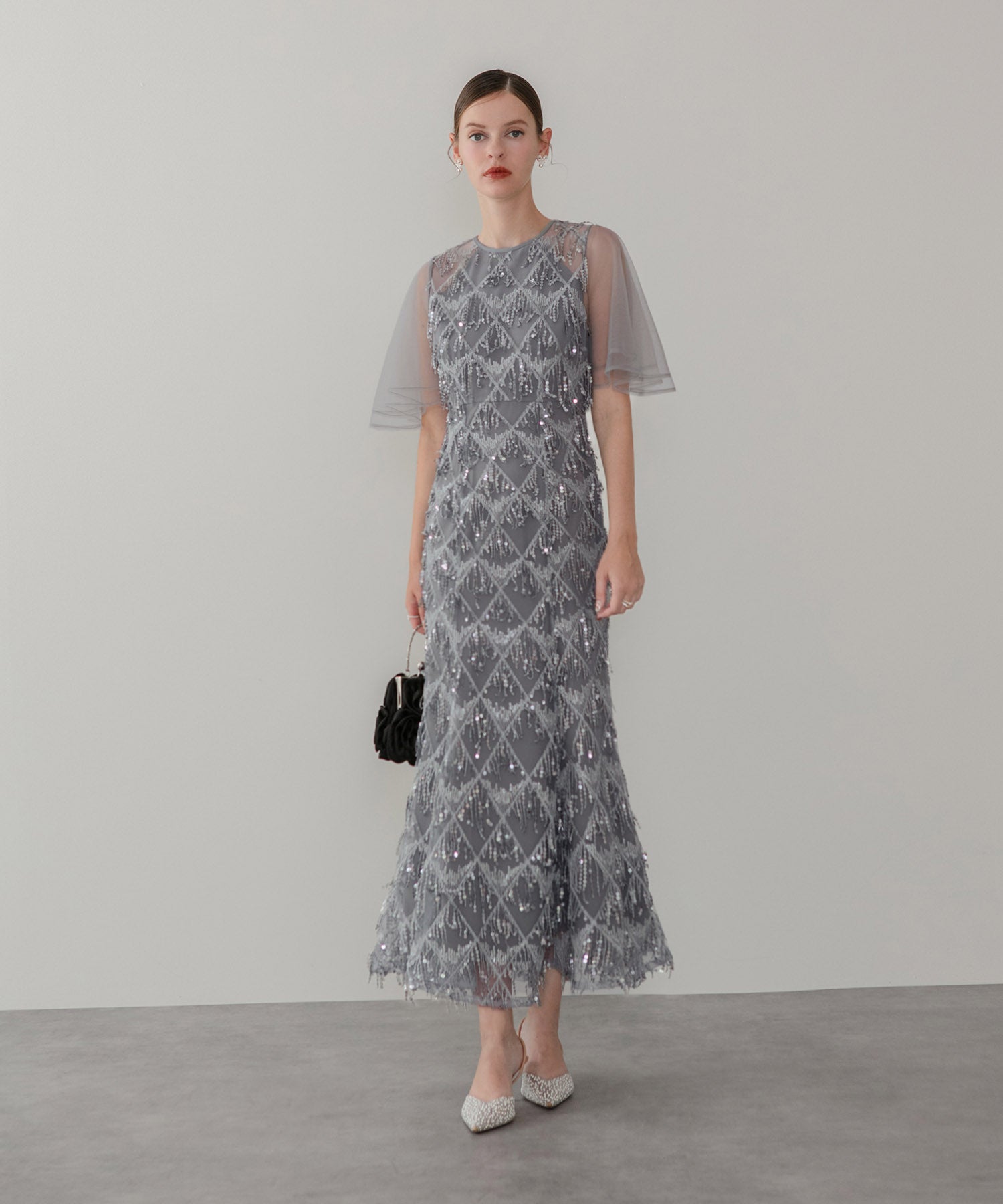 【当日発送】チュールスリーブスパンコールマーメイドワンピースドレス