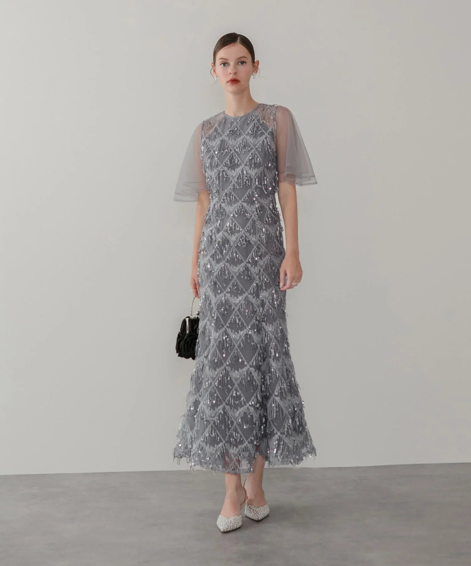 【当日発送】チュールスリーブスパンコールマーメイドワンピースドレス