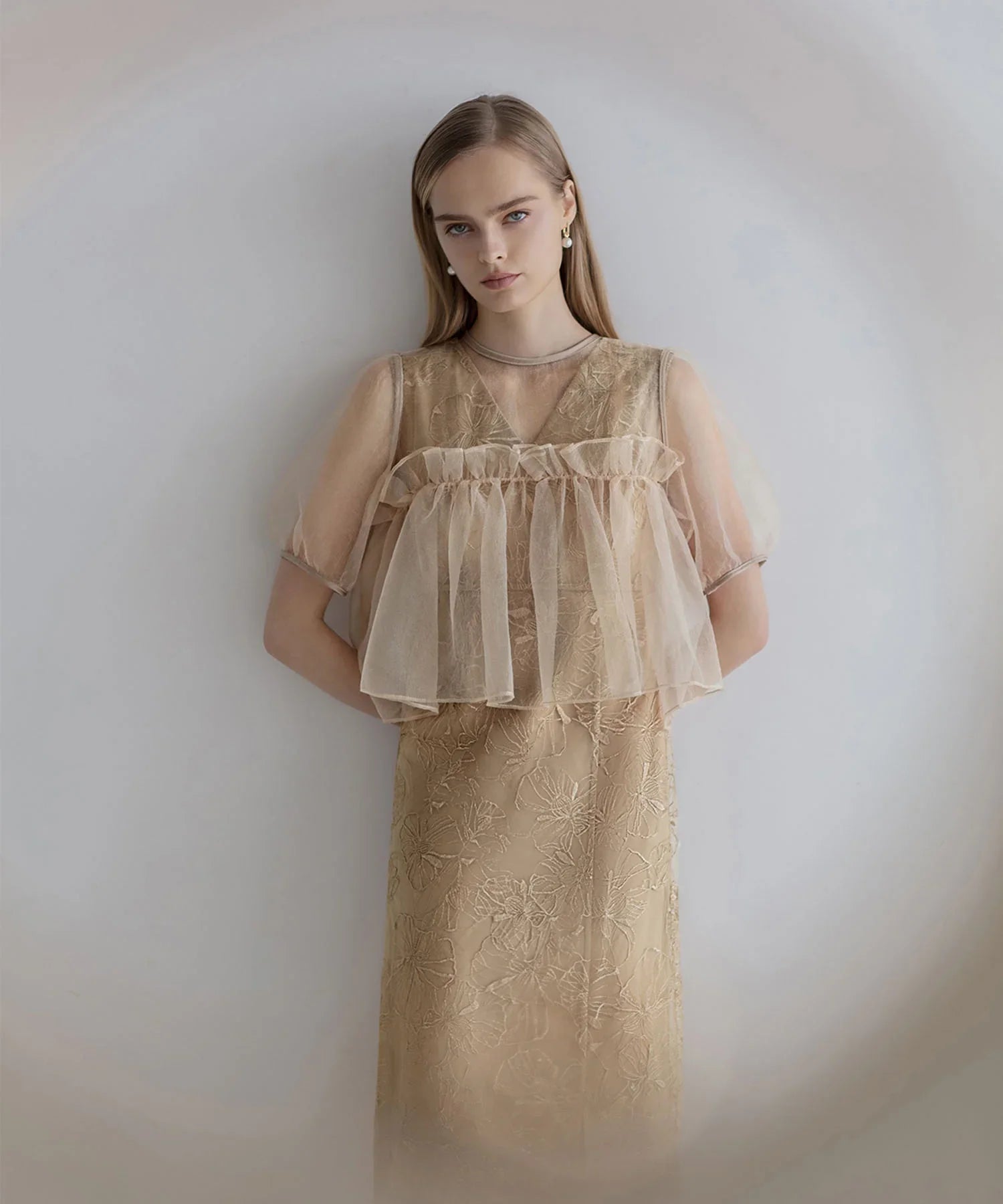 【当日発送】ボリュームシアーフリルジャガードIラインワンピースドレス