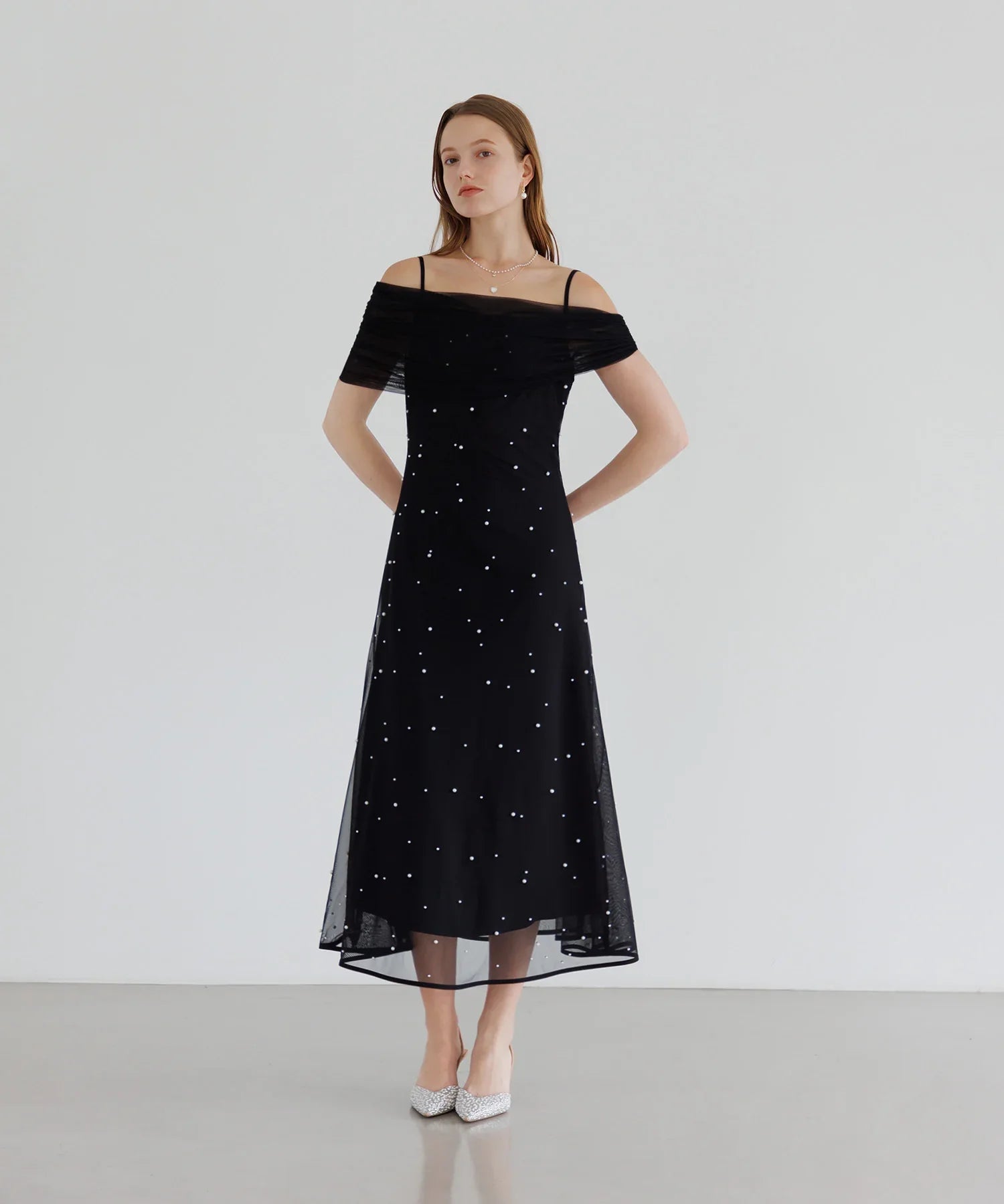 【一部当日発送】2WAYチュールトップスパールAラインワンピースドレス