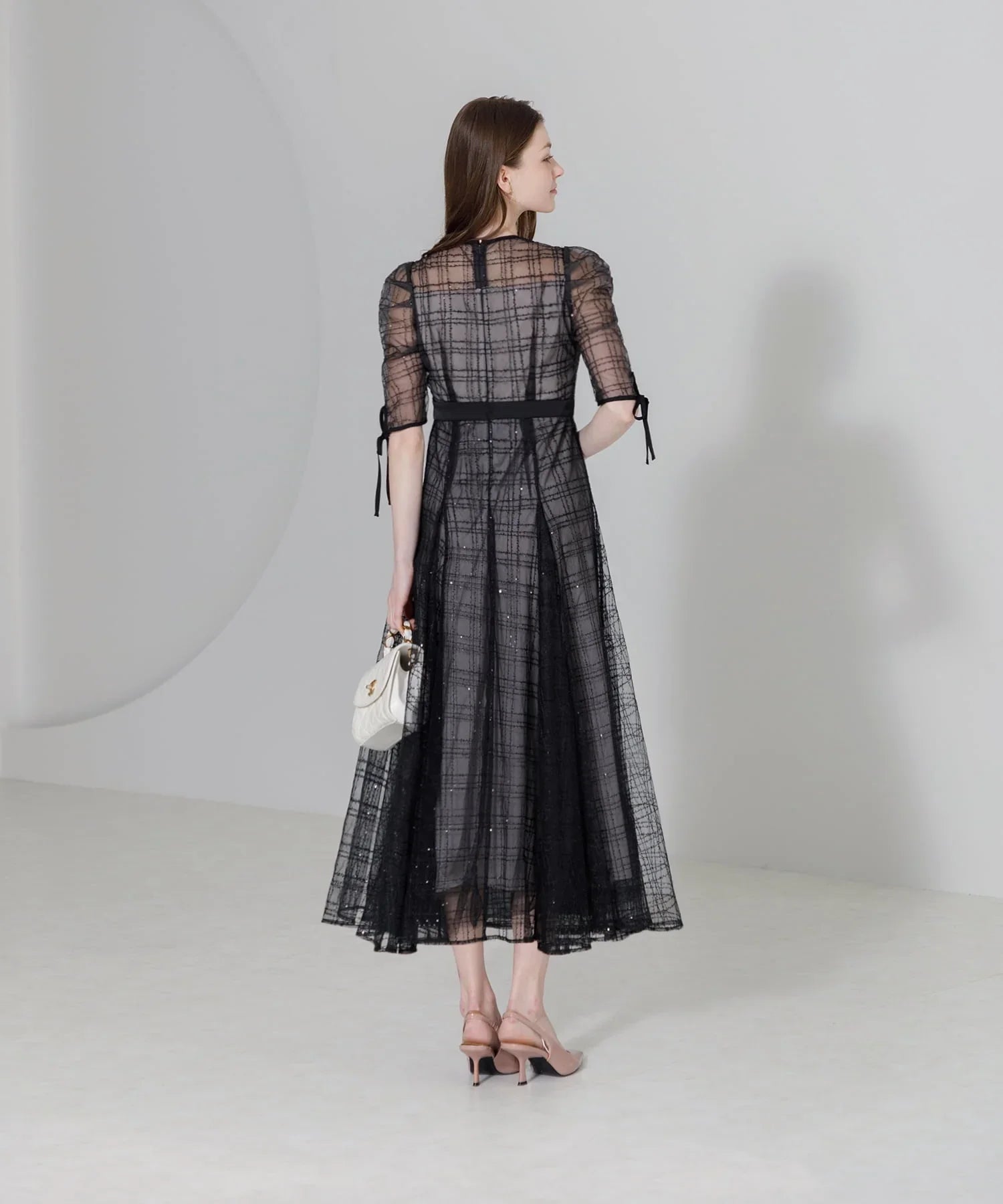 【当日発送】チェックスパンコールリボンワンピースドレス