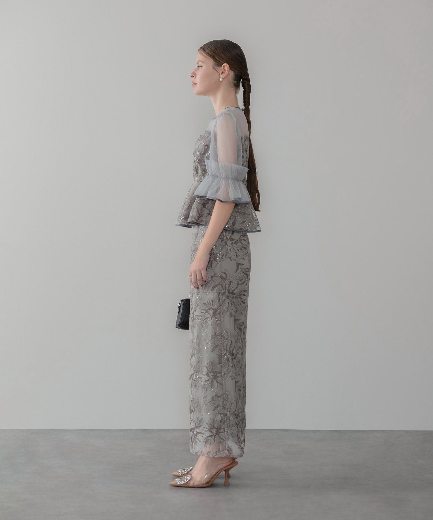 【当日発送】アシンメトリーシアーフラワースパンコールフリルチュール セットアップドレス