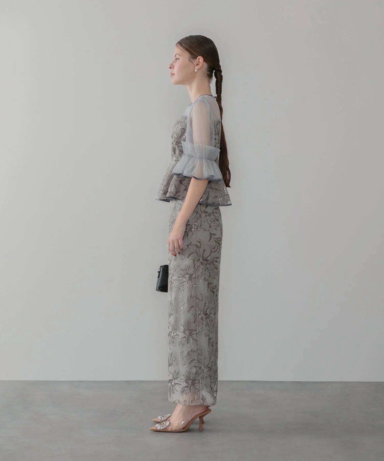 【SOLD OUT】アシンメトリーシアーフラワースパンコールフリルチュール セットアップドレス