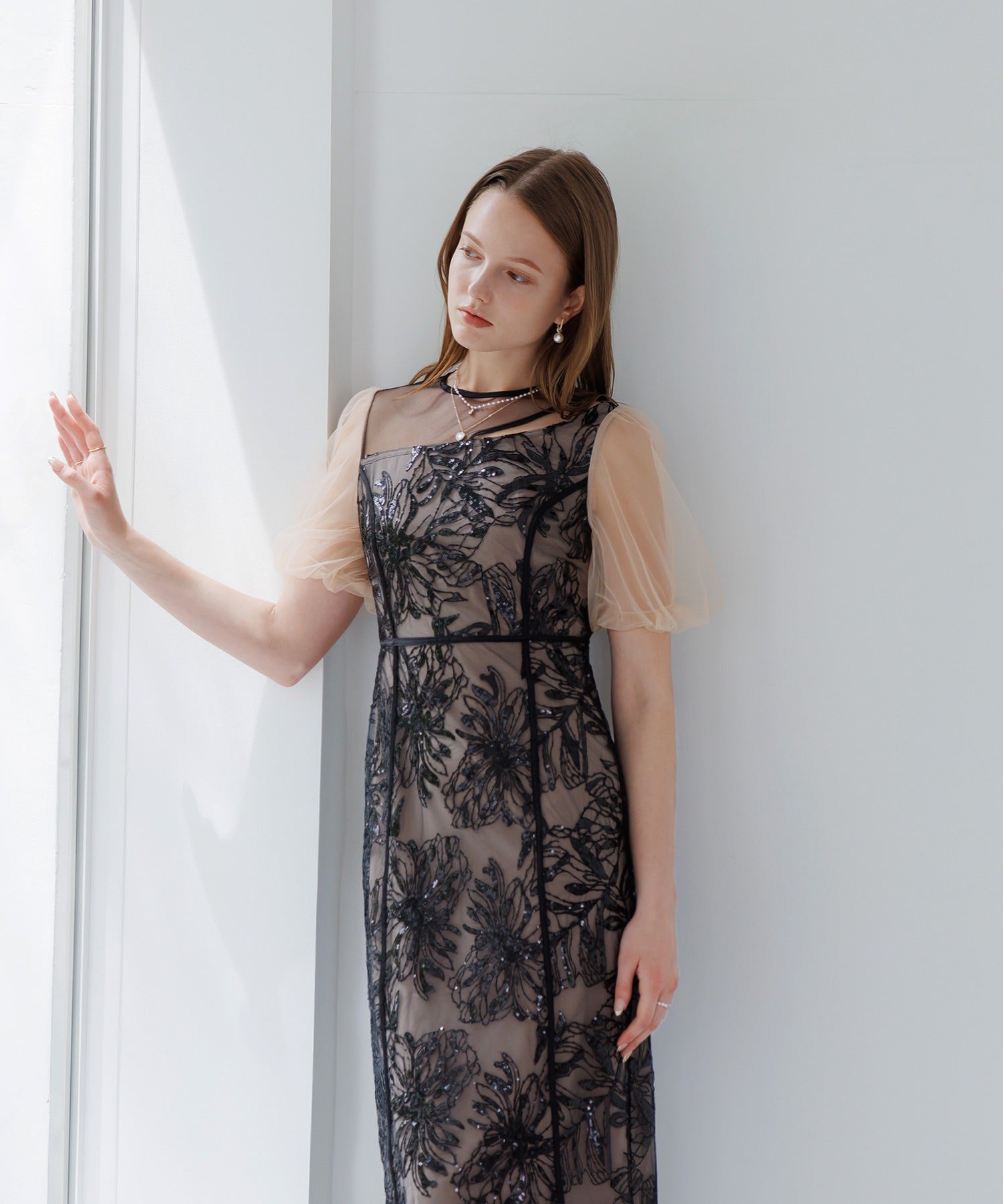 【当日発送】アシンメトリーシアーフラワーワンピースドレス