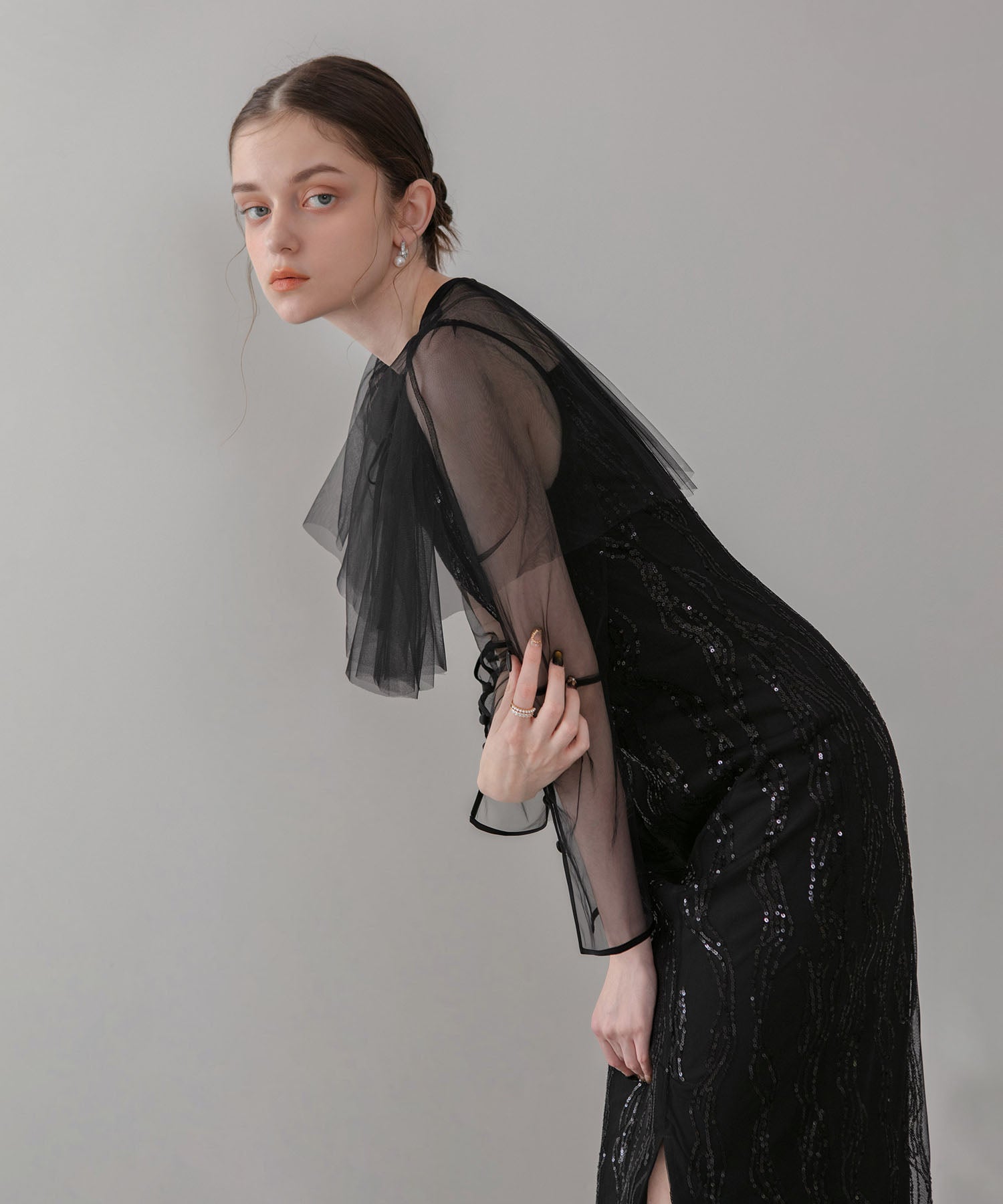 【当日発送】シアーケープスパンコールIラインワンピースドレス