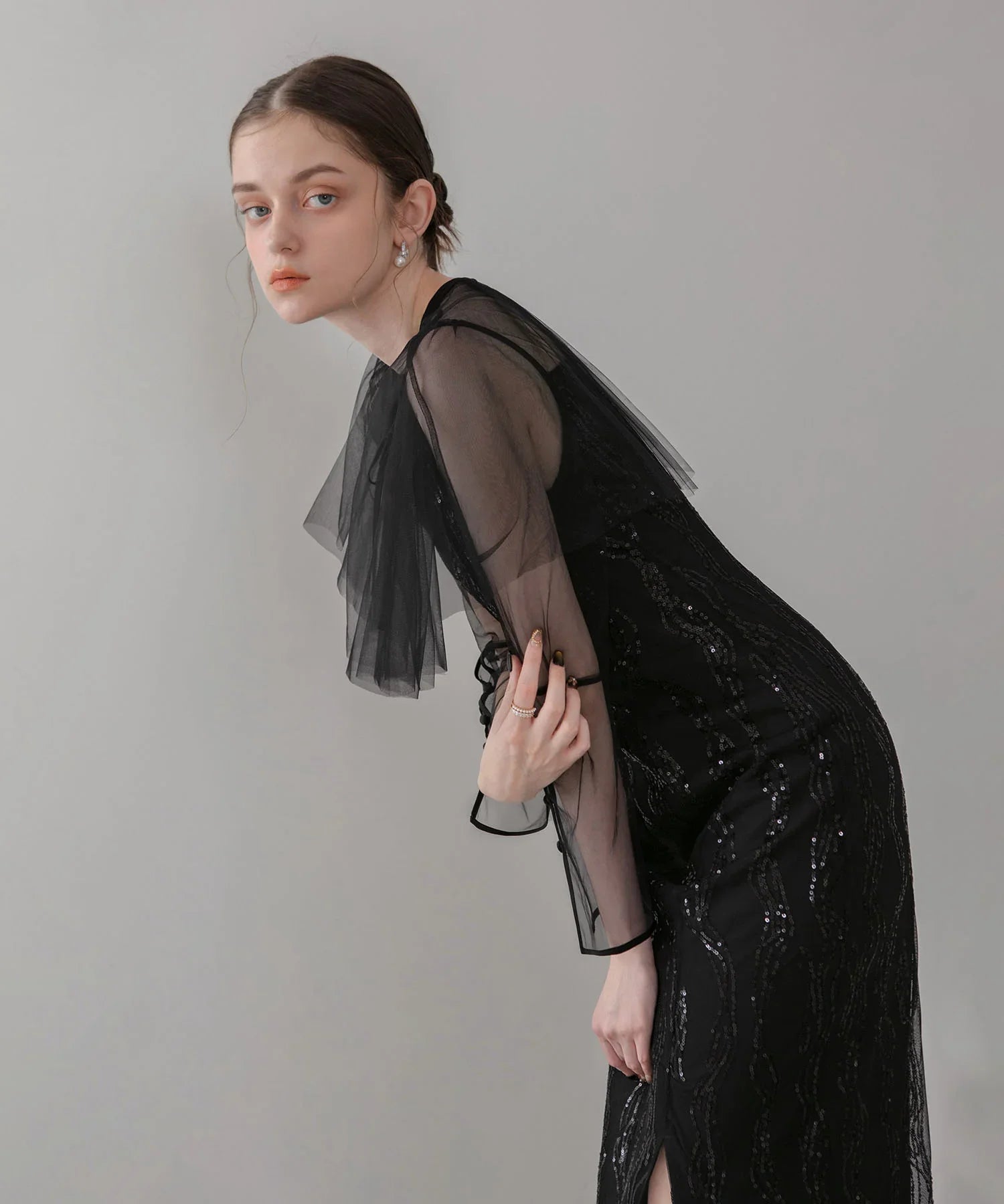 【当日発送】シアーケープスパンコールIラインワンピースドレス