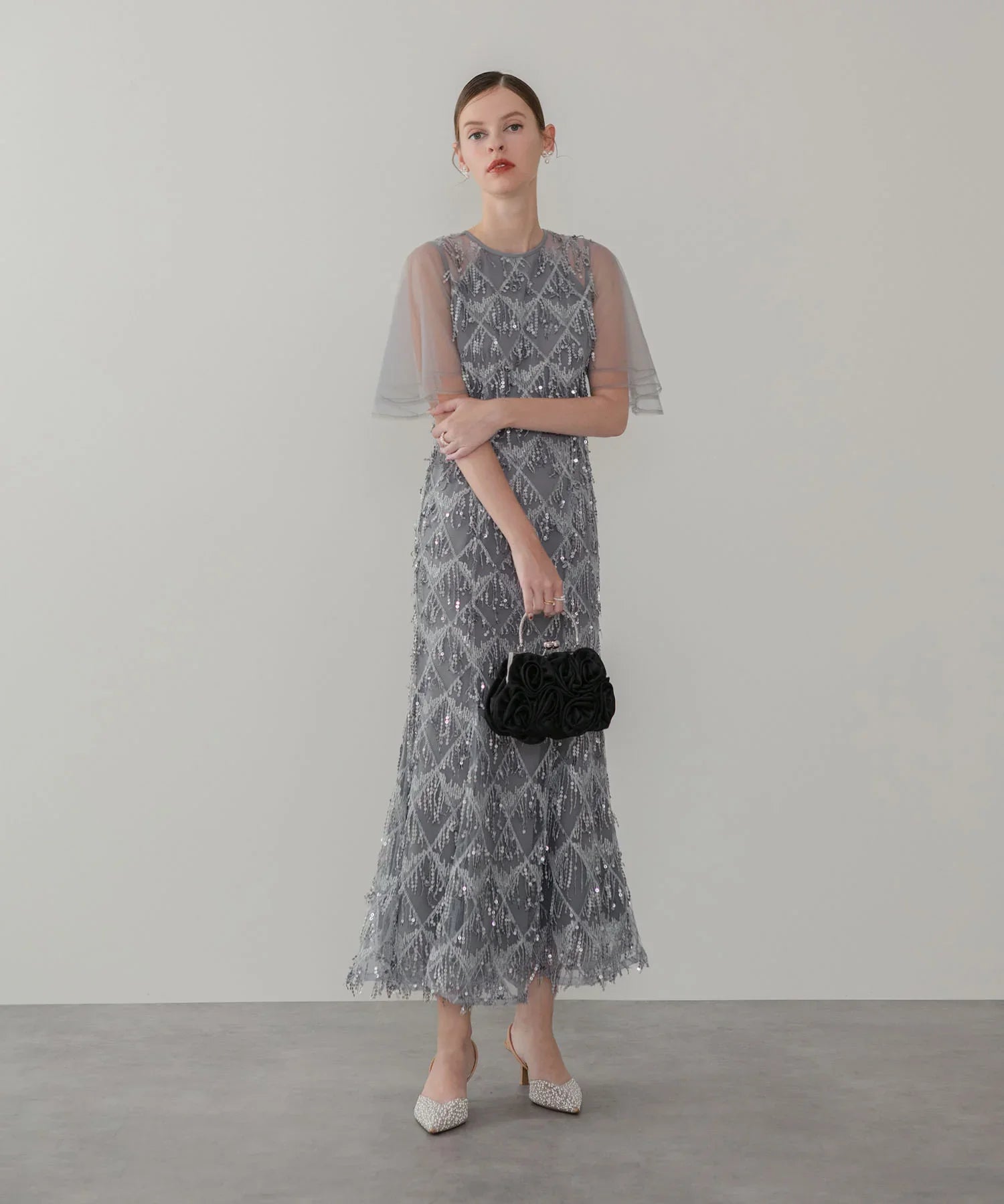 【当日発送】チュールスリーブスパンコールマーメイドワンピースドレス