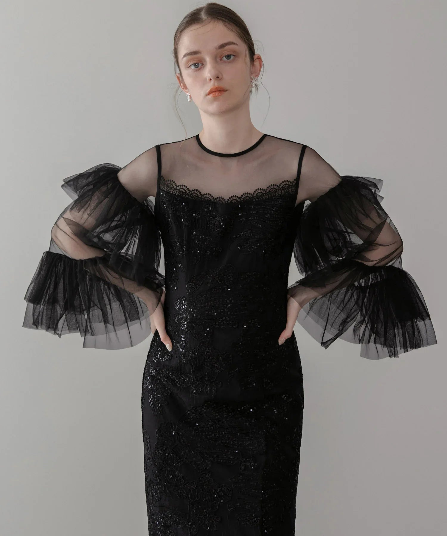 【当日発送】フリルチュールスリーブレースIラインワンピースドレス