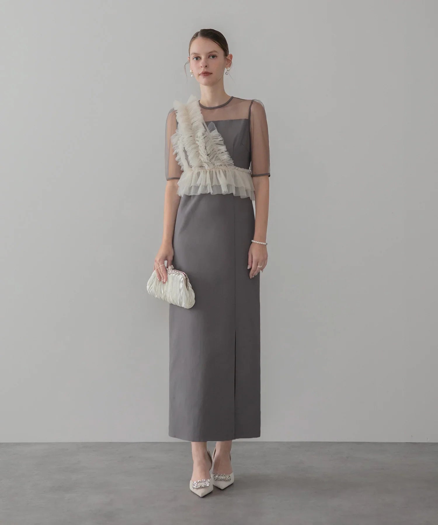 【当日発送】アシンメトリーフリルチュールIラインワンピースドレス