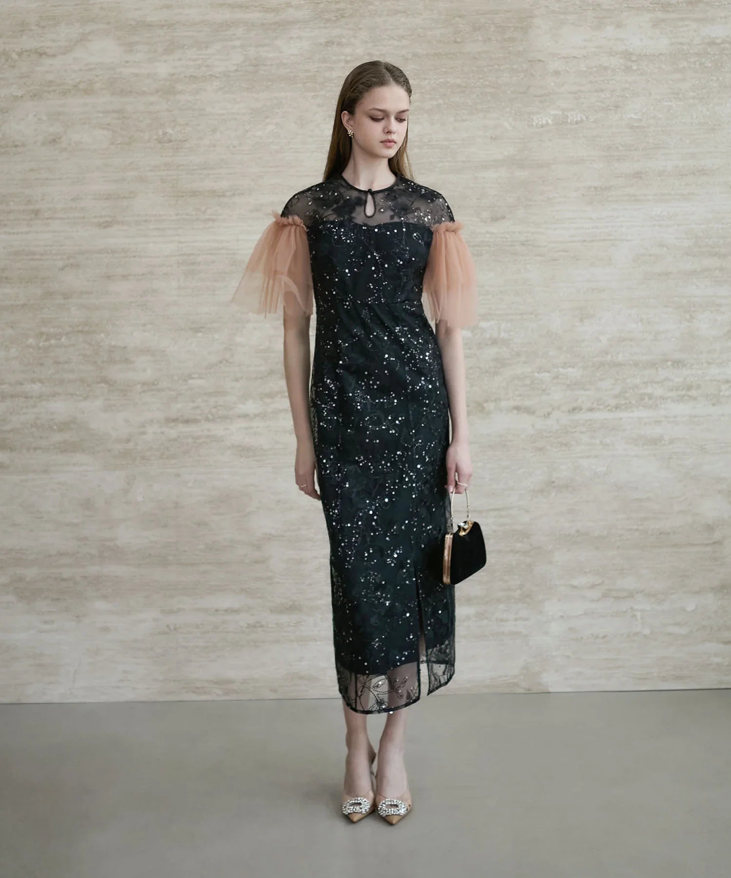 【当日発送】フラワースパンコールチュールスリーブIラインドレス