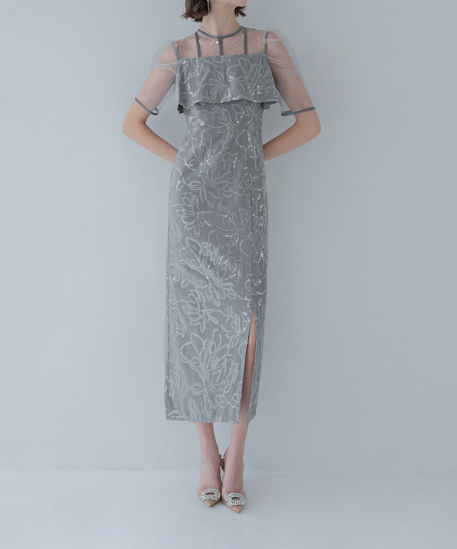 【当日発送】ドットチュールフラワースパンコールIラインワンピースドレス