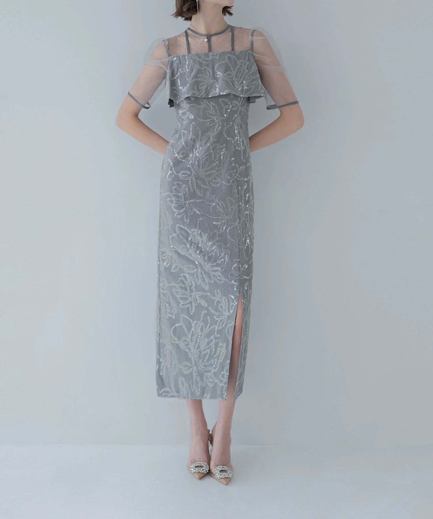 【当日発送】ドットチュールフラワースパンコールIラインワンピースドレス