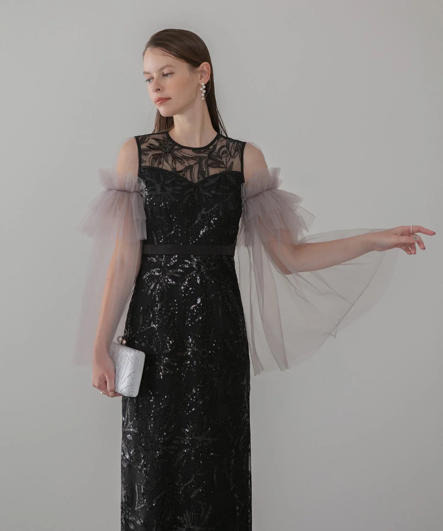 【当日発送】フラワーチュールフリルスリーブIラインワンピースドレス