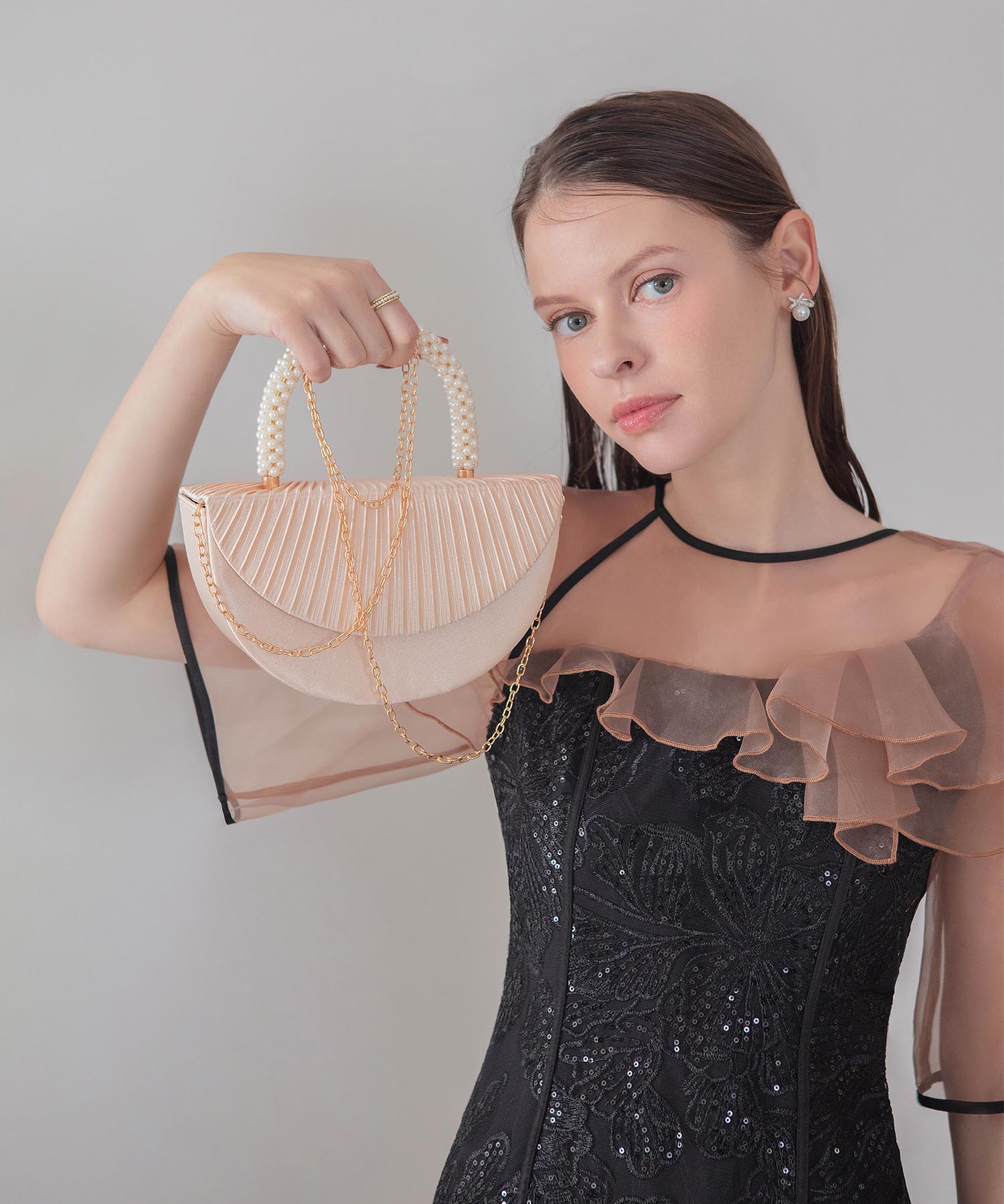 【当日発送】パールハンドルアコーディオンプリーツ2WAYハンドバッグ