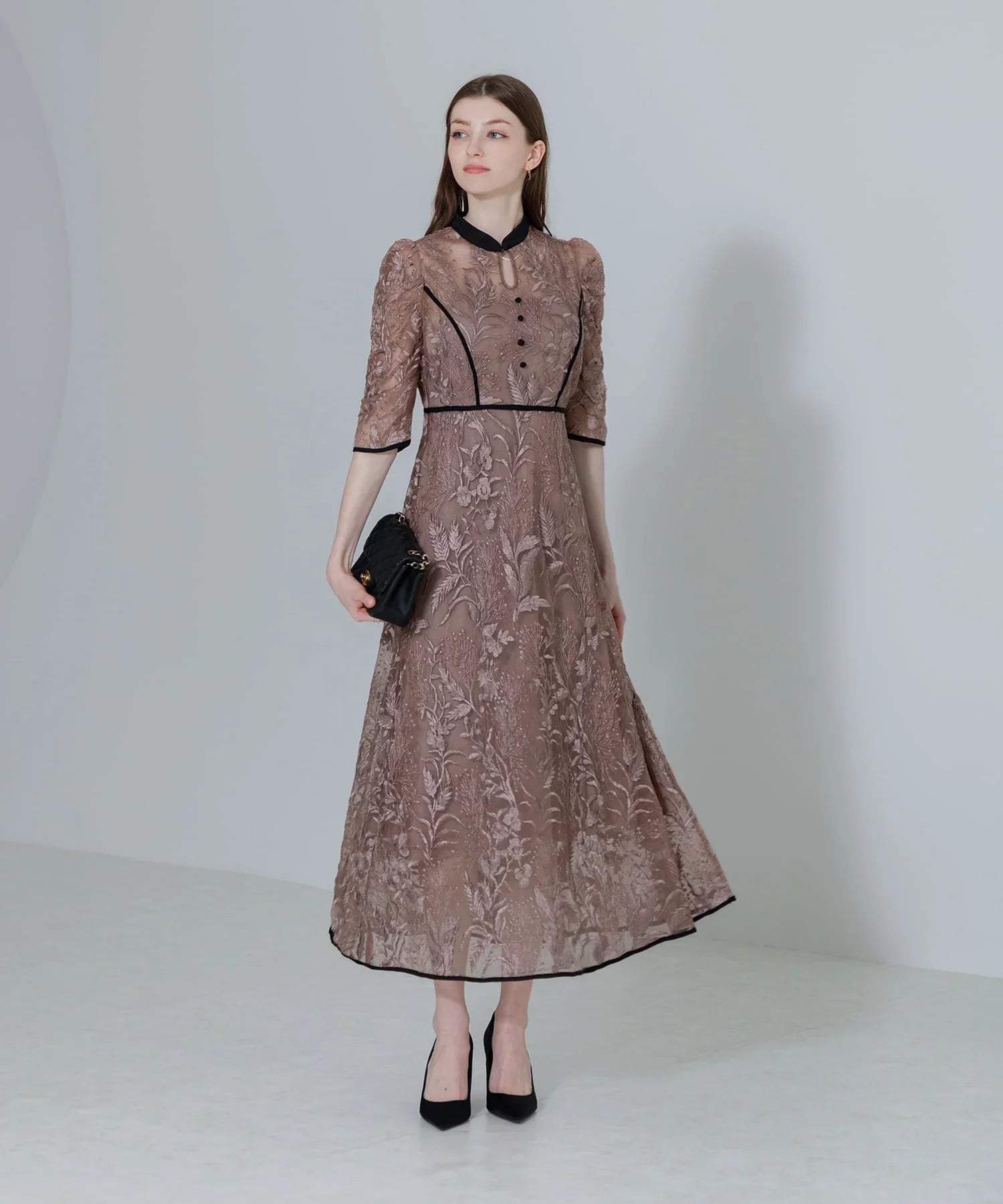 【当日発送】花柄チュールパフスリーブワンピースドレス