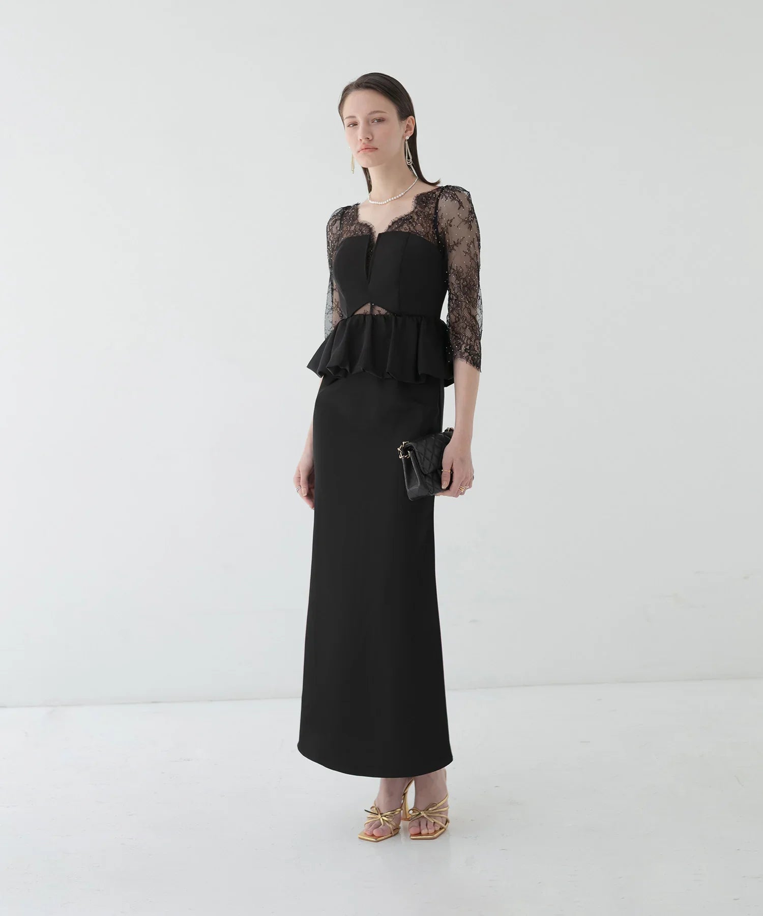 【LEJA LUXE】Lace stone peplum mermaid dress