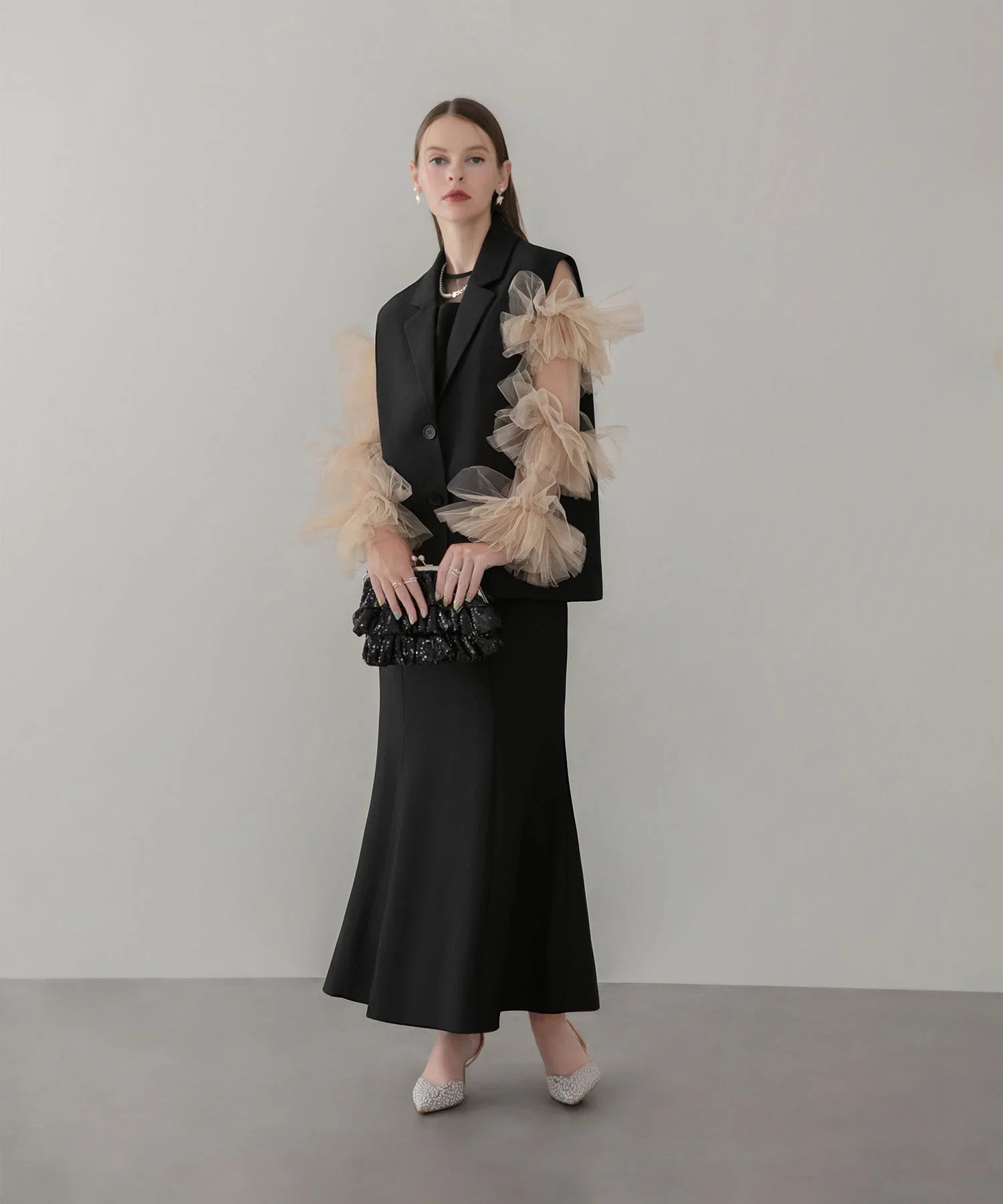 【当日発送】ボリュームチュールスリーブベストセットアップドレス