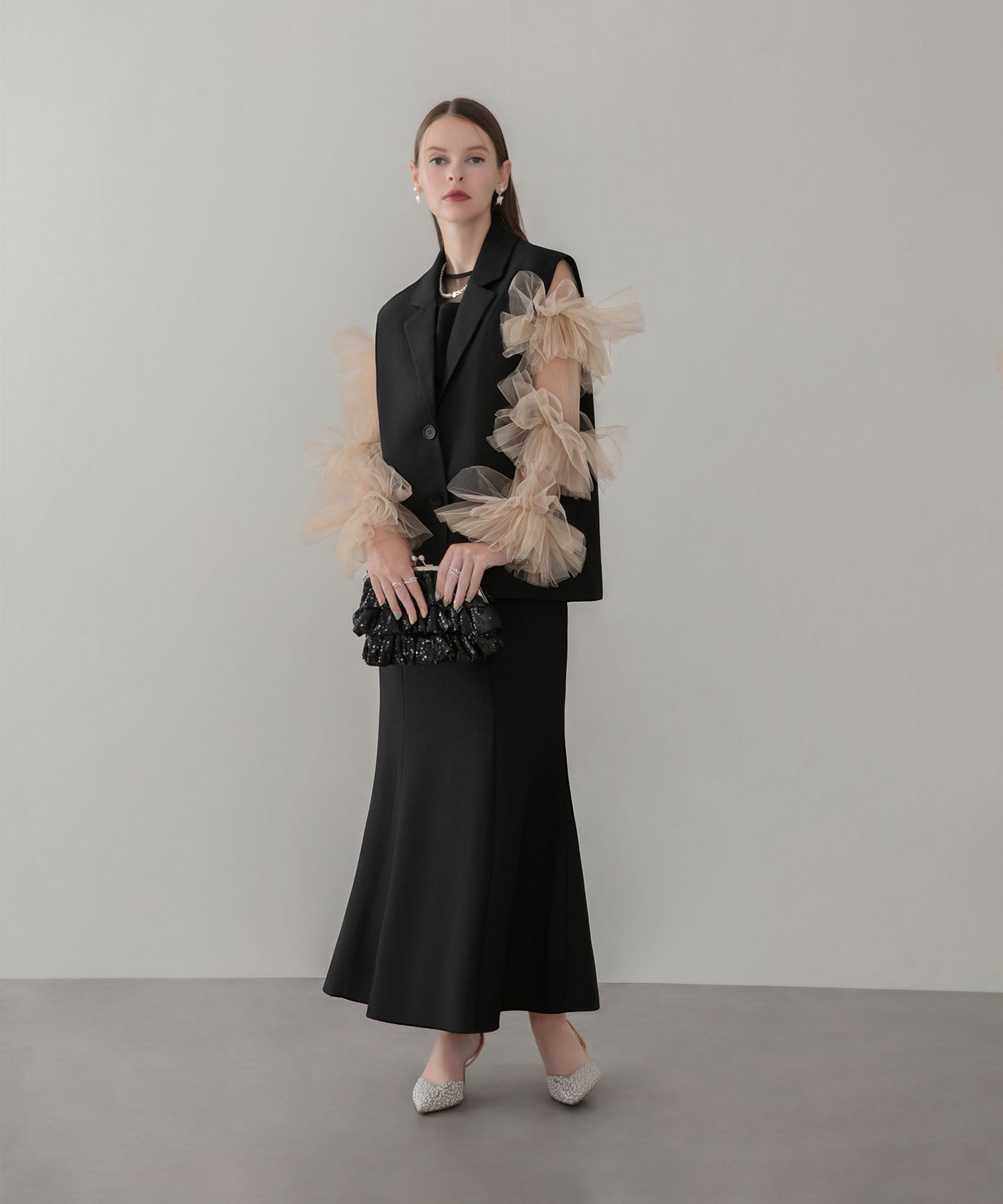 【当日発送】ボリュームチュールスリーブベストセットアップドレス