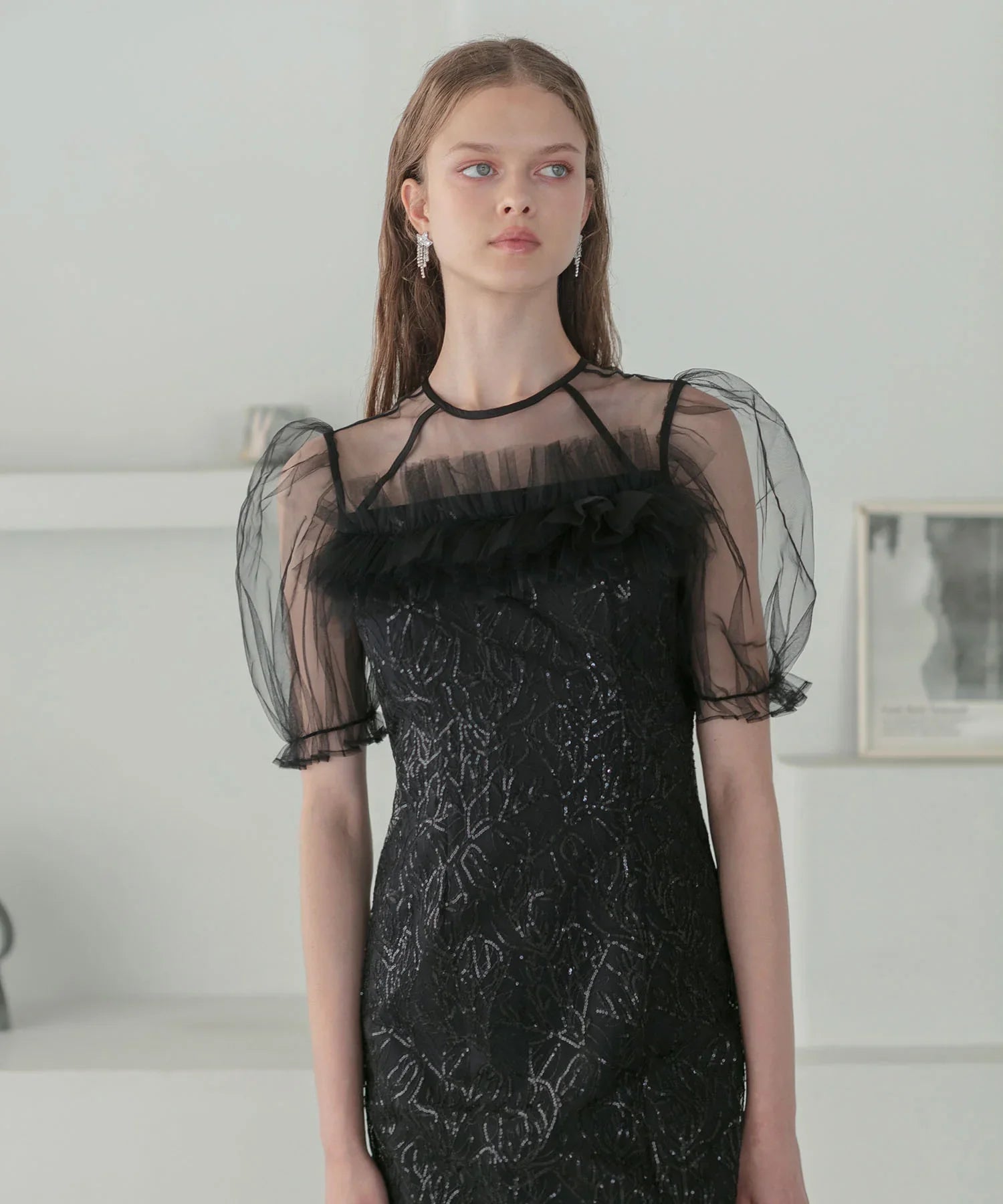 【当日発送】チュールフラワースパンコールIラインワンピースドレス