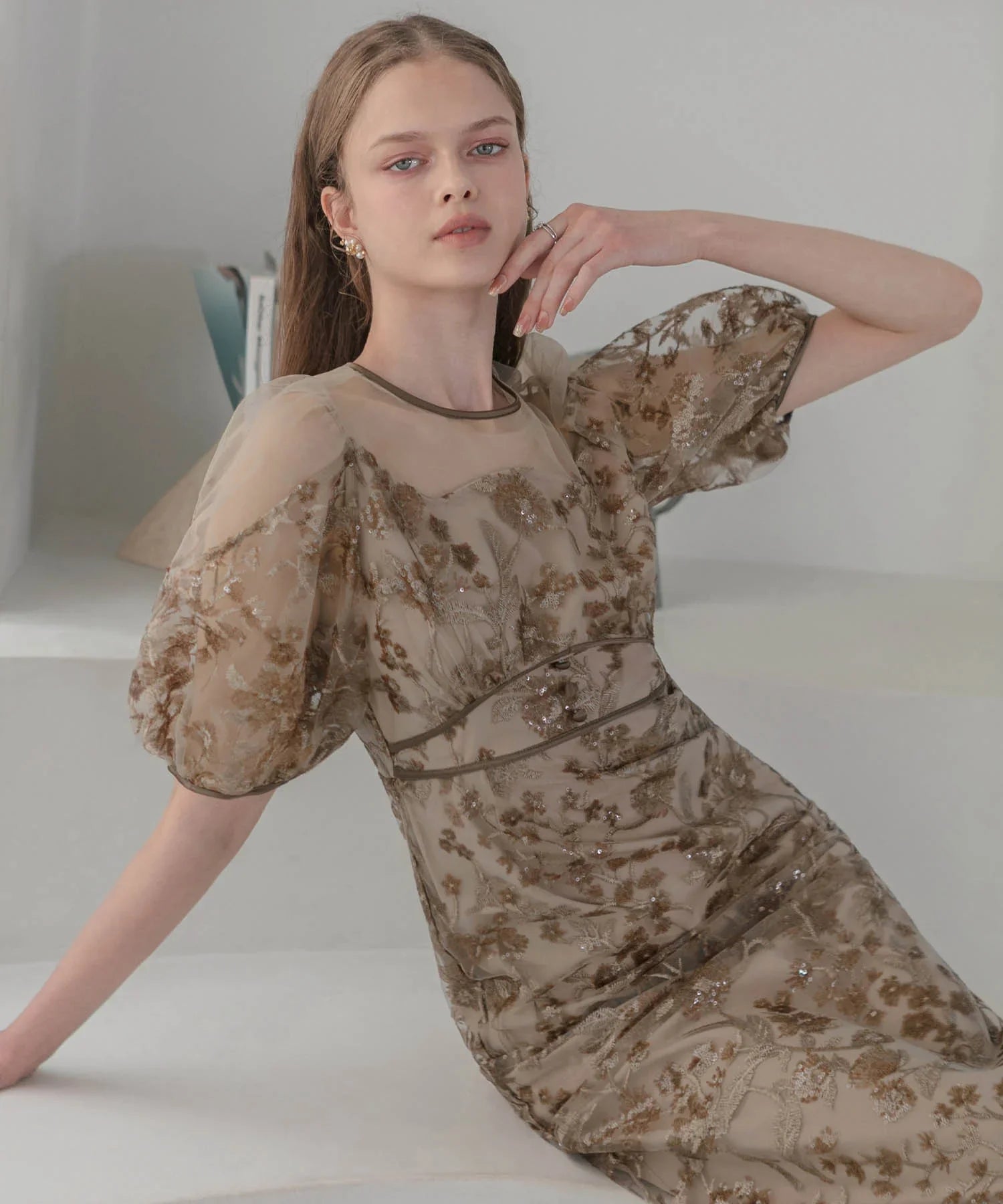 【当日発送】フラワーディテールパフスリーブIラインワンピースドレス