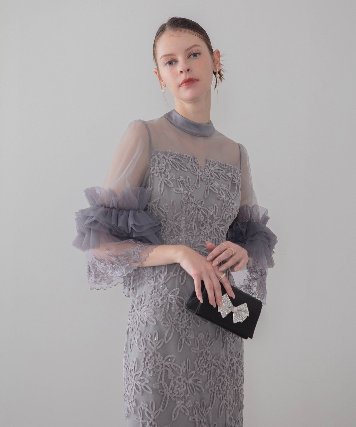 【COMING SOON】シアーチュールフラワーレースIラインワンピースドレス