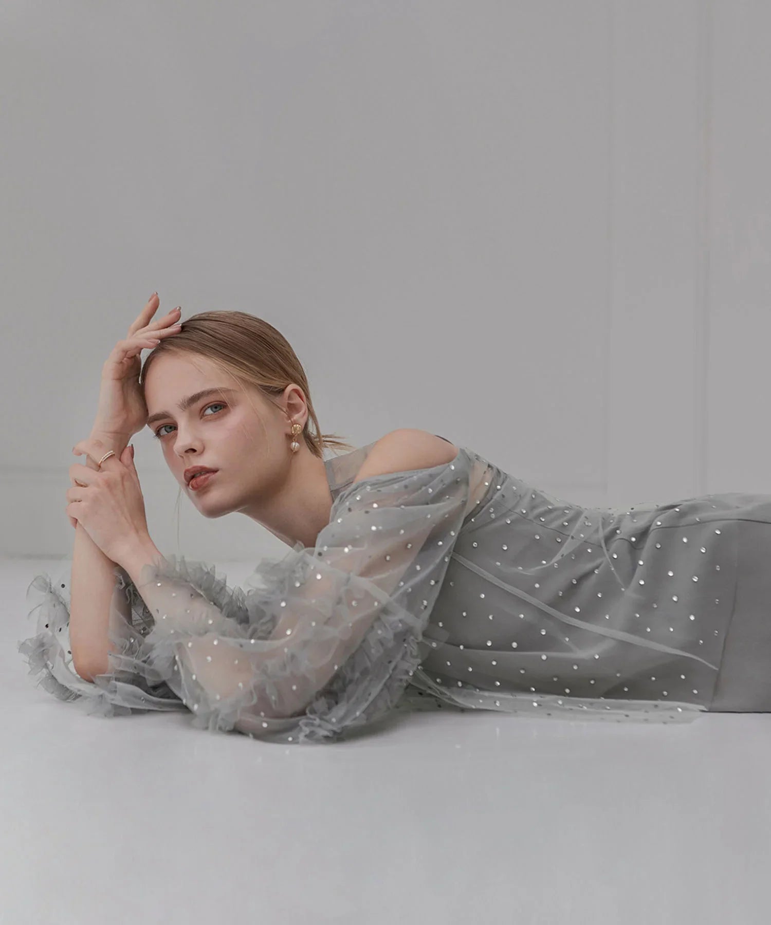 【当日発送】ドットストーンオフショルIラインワンピースドレス