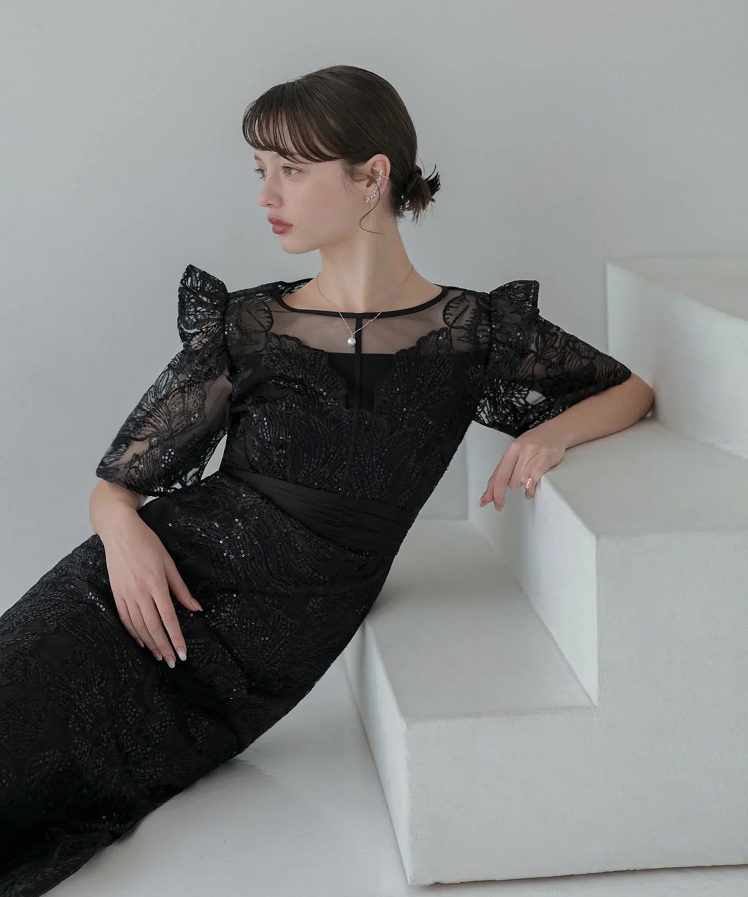 【当日発送】フラワーレースシアーフリルマーメイドワンピースドレス