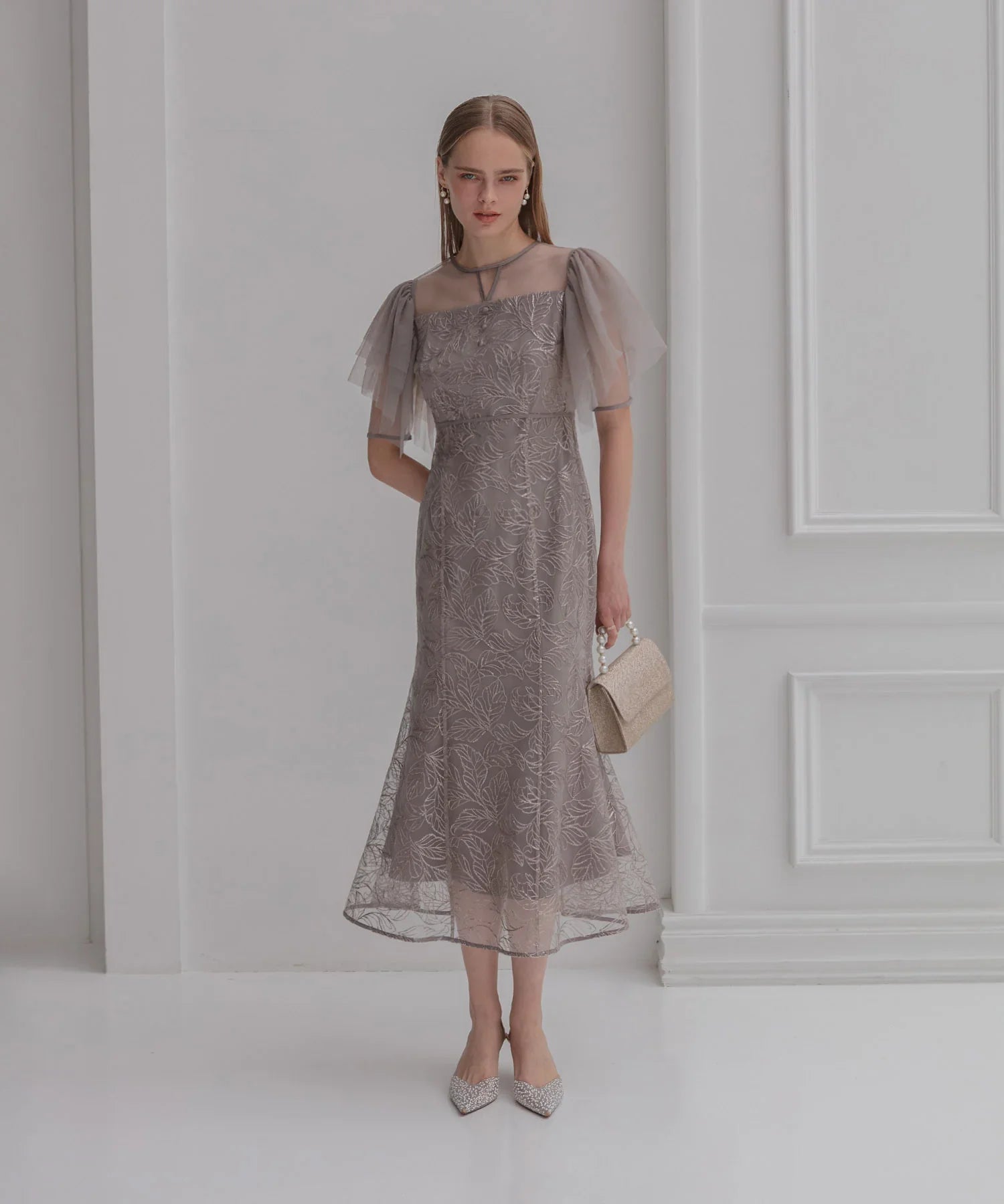 【当日発送】チュールスリーブボタニカルマーメイドワンピースドレス