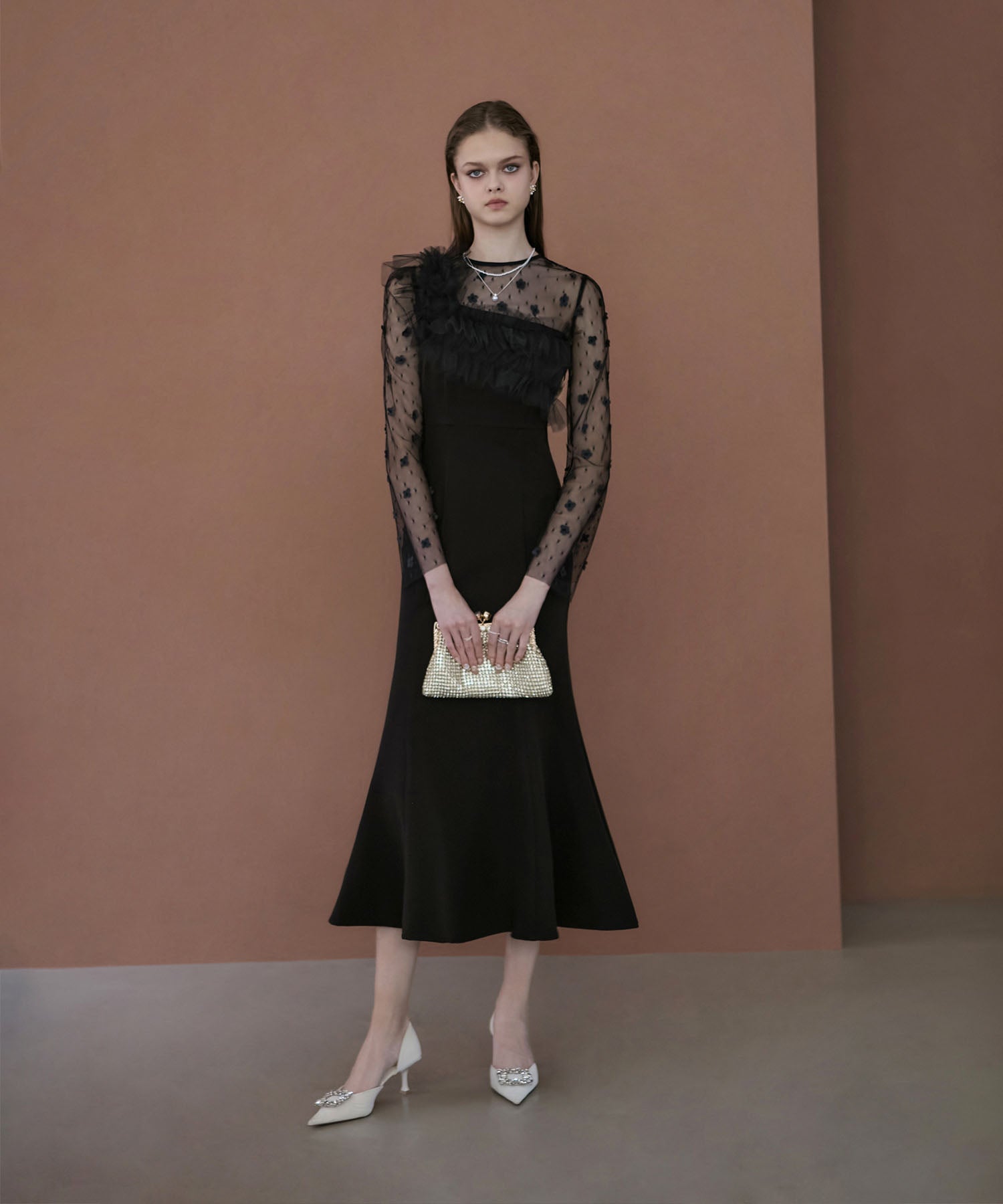 【当日発送】フラワーモチーフアシンメトリーチュールマーメイドワンピースドレス