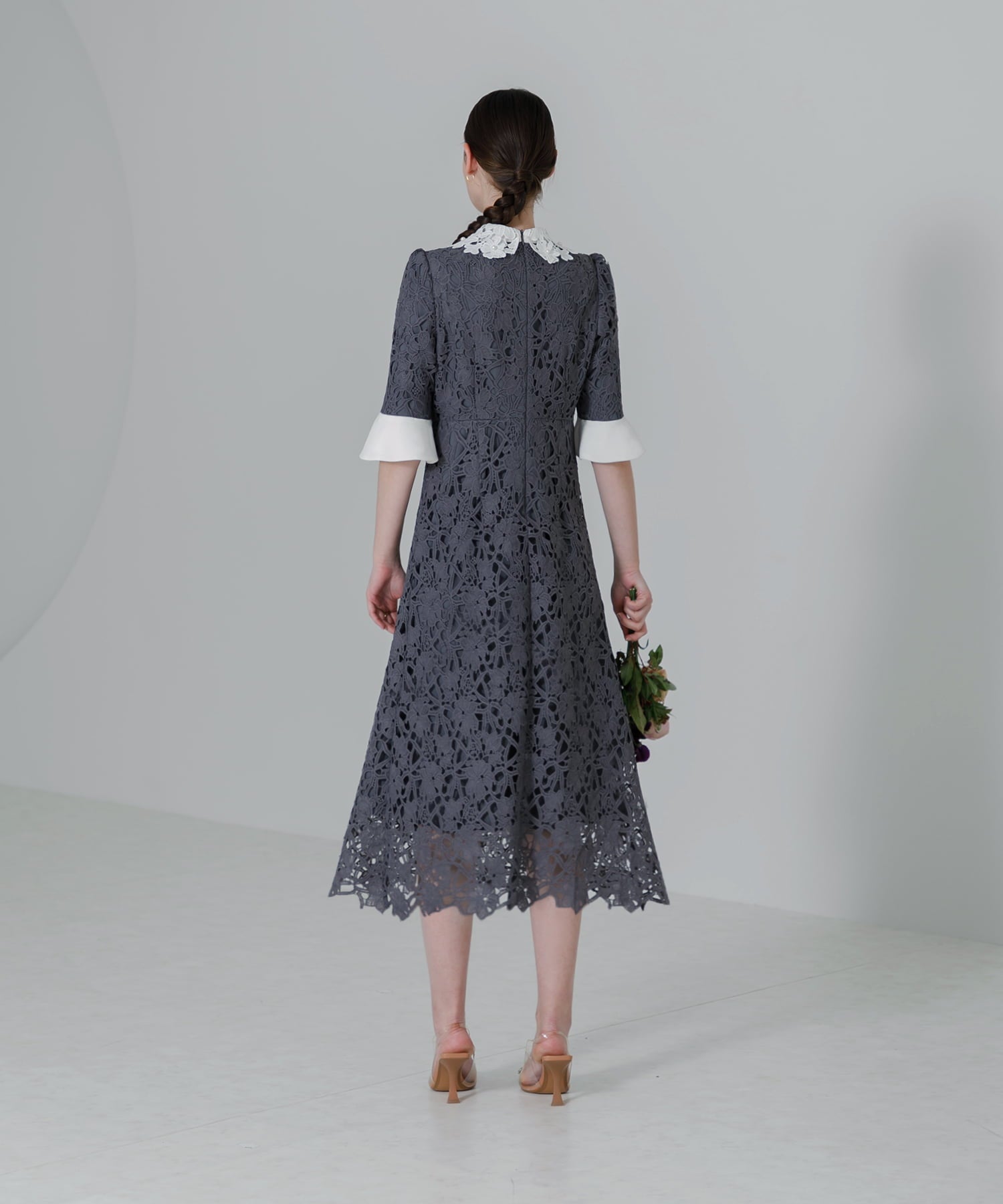 【当日発送】花柄レースカラースパンコールAラインワンピースドレス