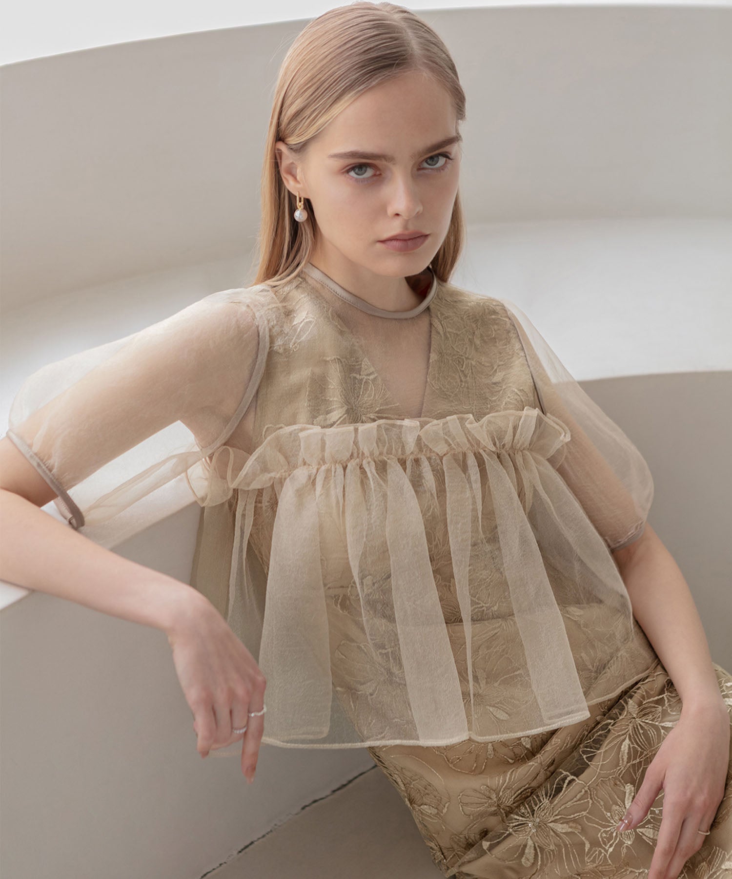 【当日発送】ボリュームシアーフリルジャガードIラインワンピースドレス