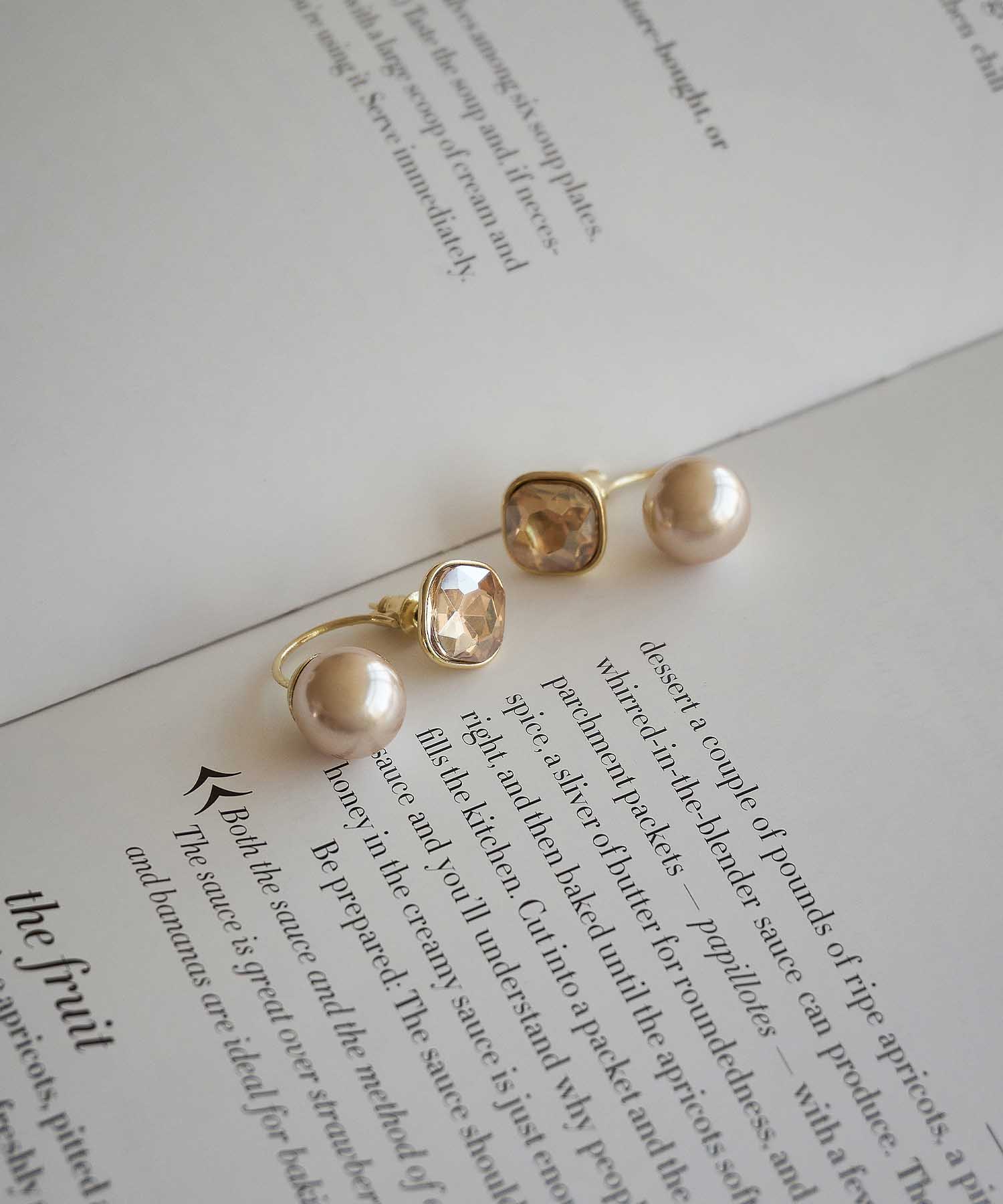 【当日発送】スクエアビジューシャンパンパールドロップピアス