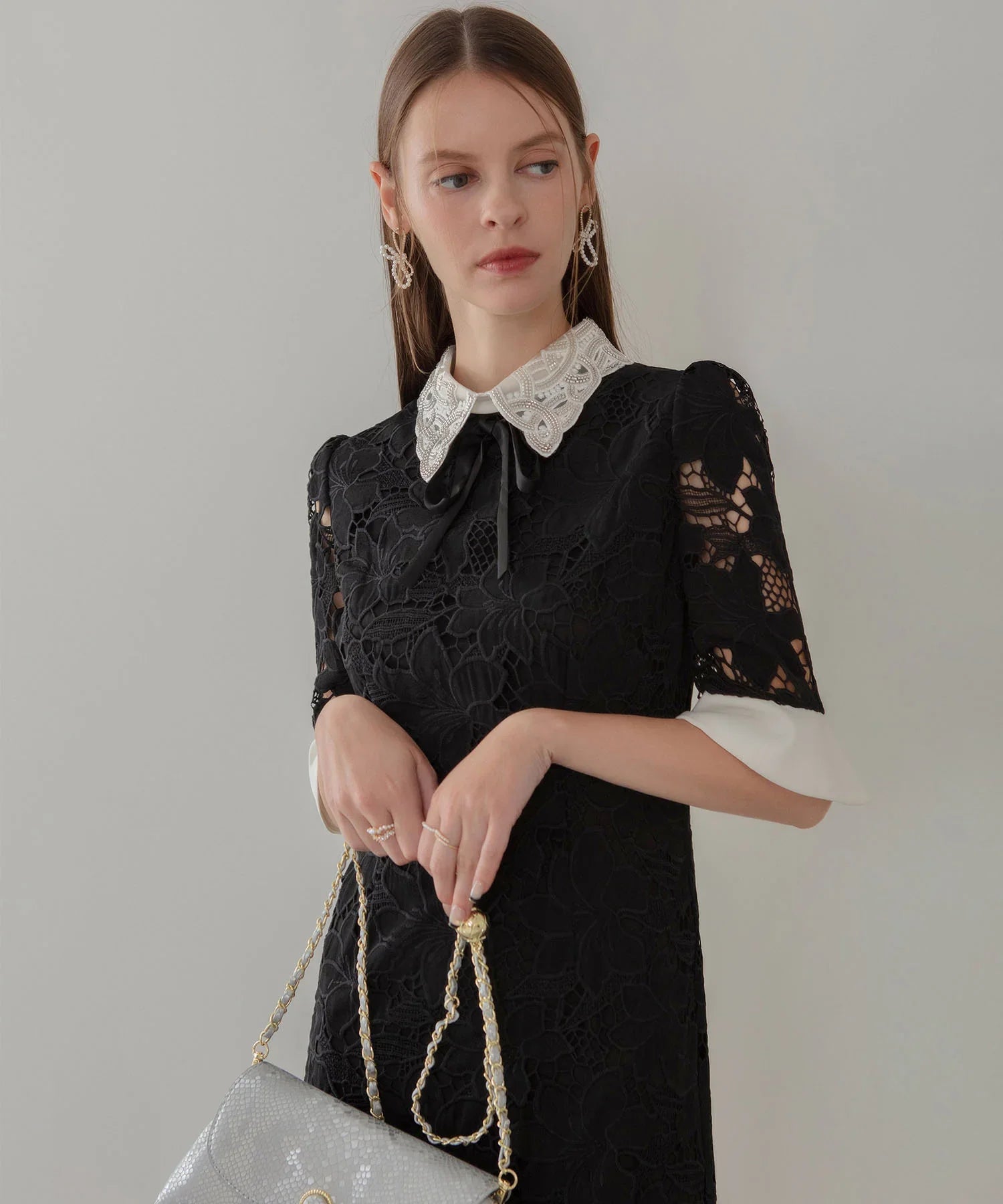 【一部当日発送】パールカラーボウタイフラワーレースフィッシュテールワンピースドレス