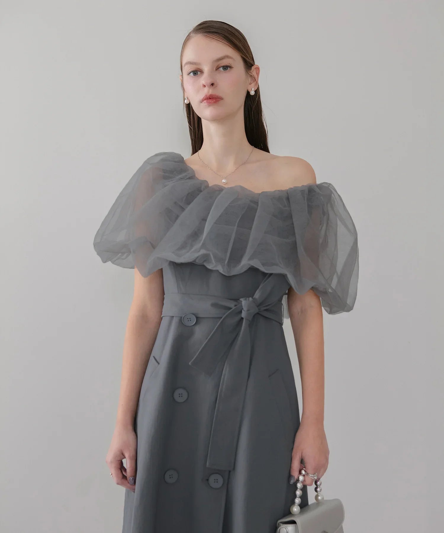 【当日発送】3WAYオフショルチュールトレンチディティールワンピ―スドレス