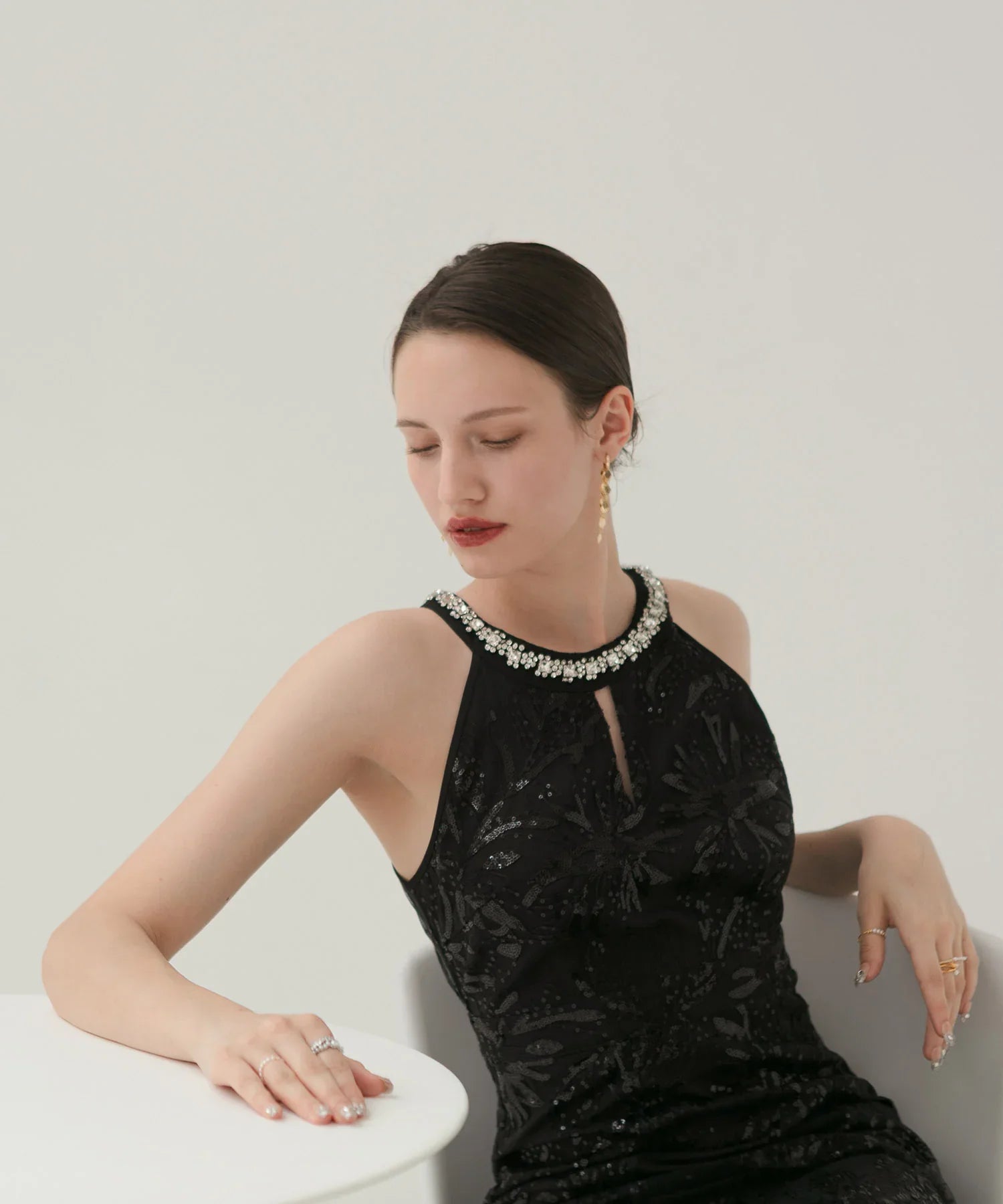 【LEJA LUXE】Beaded halter neck botanical mermaid dress