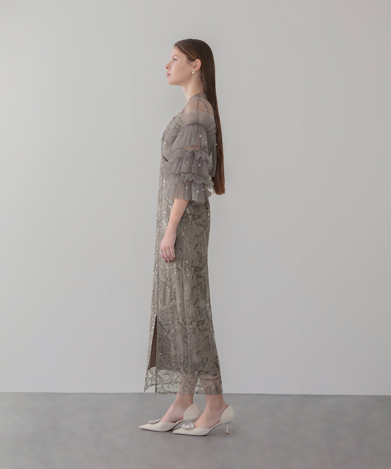 【一部当日発送】パールフリルチュールボレロレイヤードIラインワンピースドレス