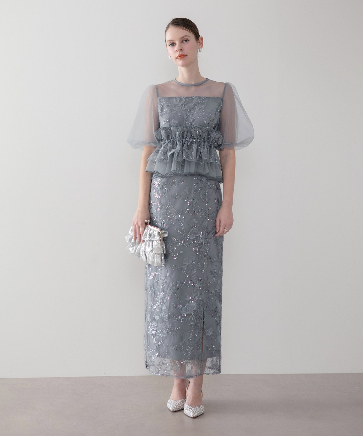 【一部当日発送】3WAYチュールラッフルフラワースパンコールIラインワンピースドレス