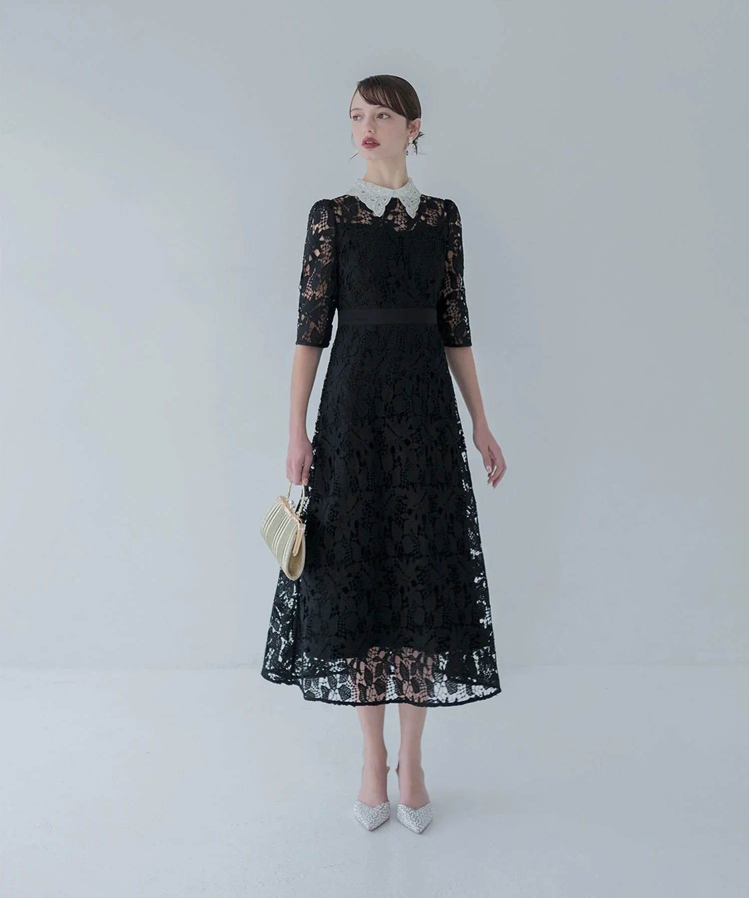 【一部当日発送】花柄レースビジューカラーAラインワンピースドレス