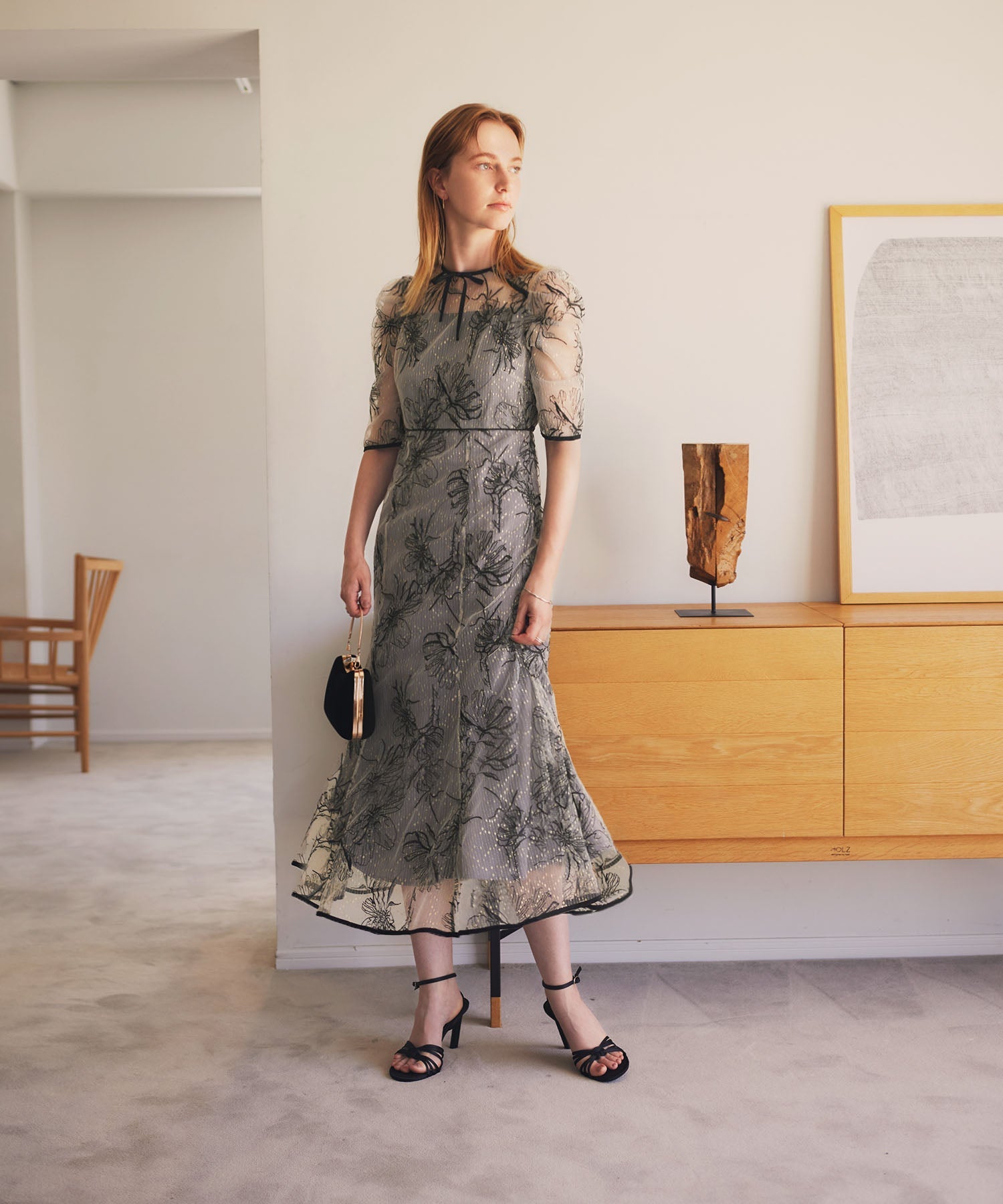 【当日発送】花柄リボンパフスリーブマーメイドワンピースドレス