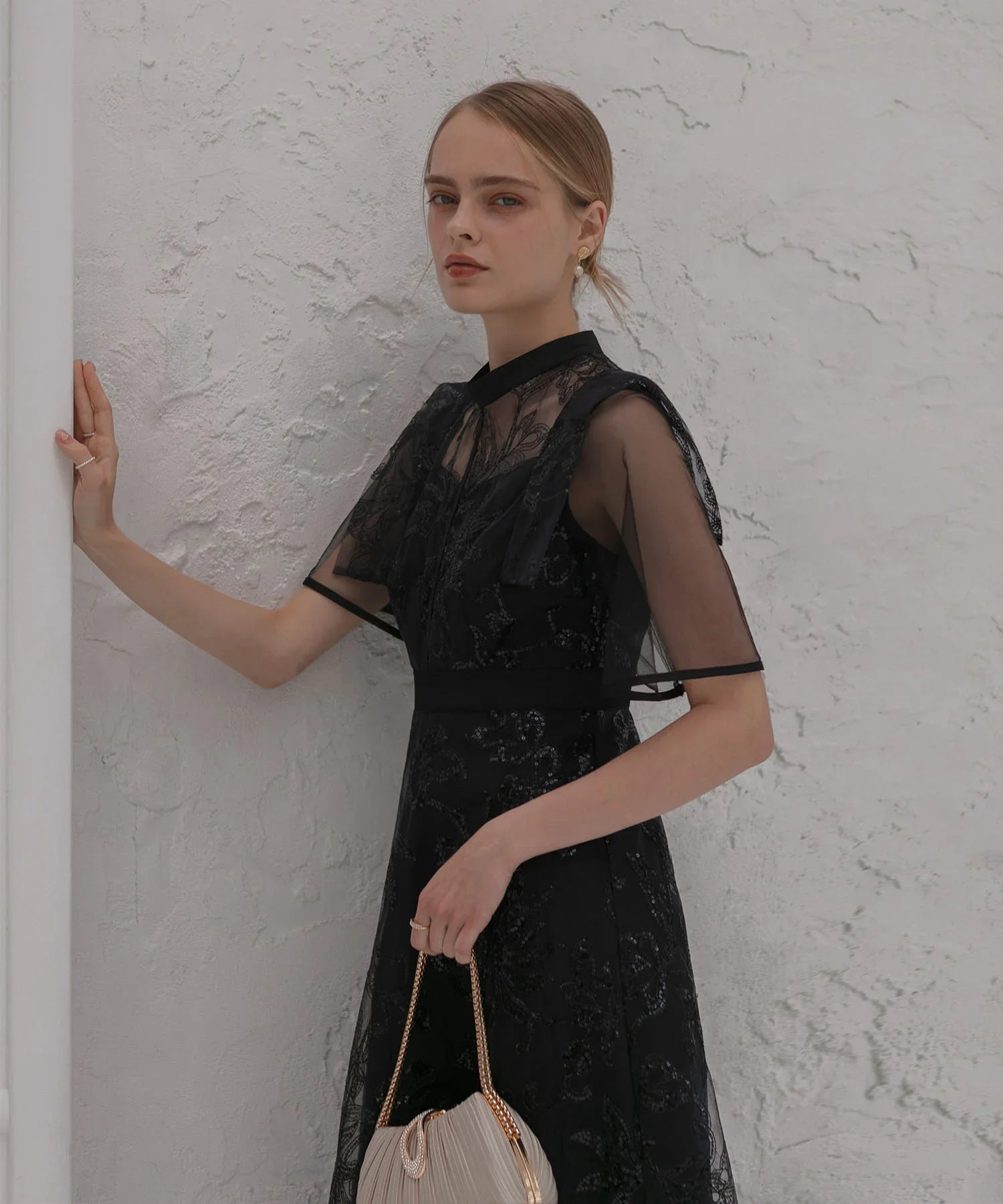 【一部当日発送】フラップデザインフラワースパンコールAラインワンピースドレス