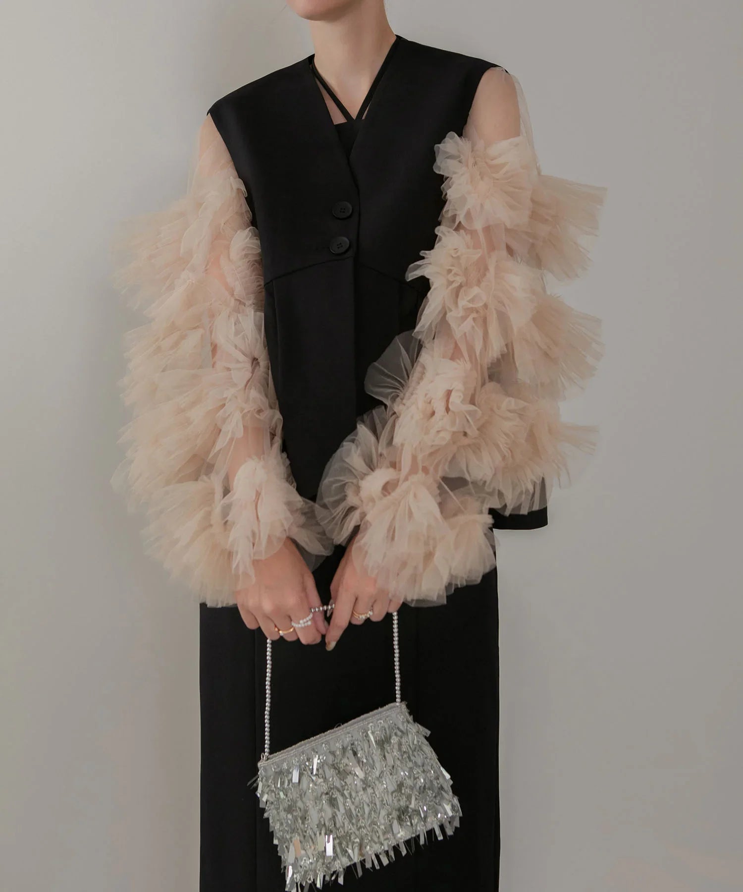 【当日発送】チュールフリルスリーブベストセットワンピースドレス