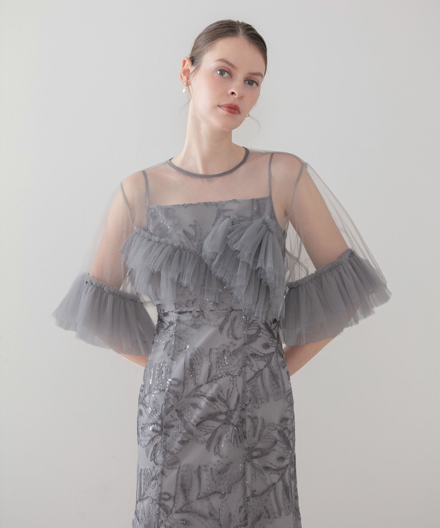 【当日発送】チュールフリルスリーブスパンコールフラワーマーメイドワンピースドレス