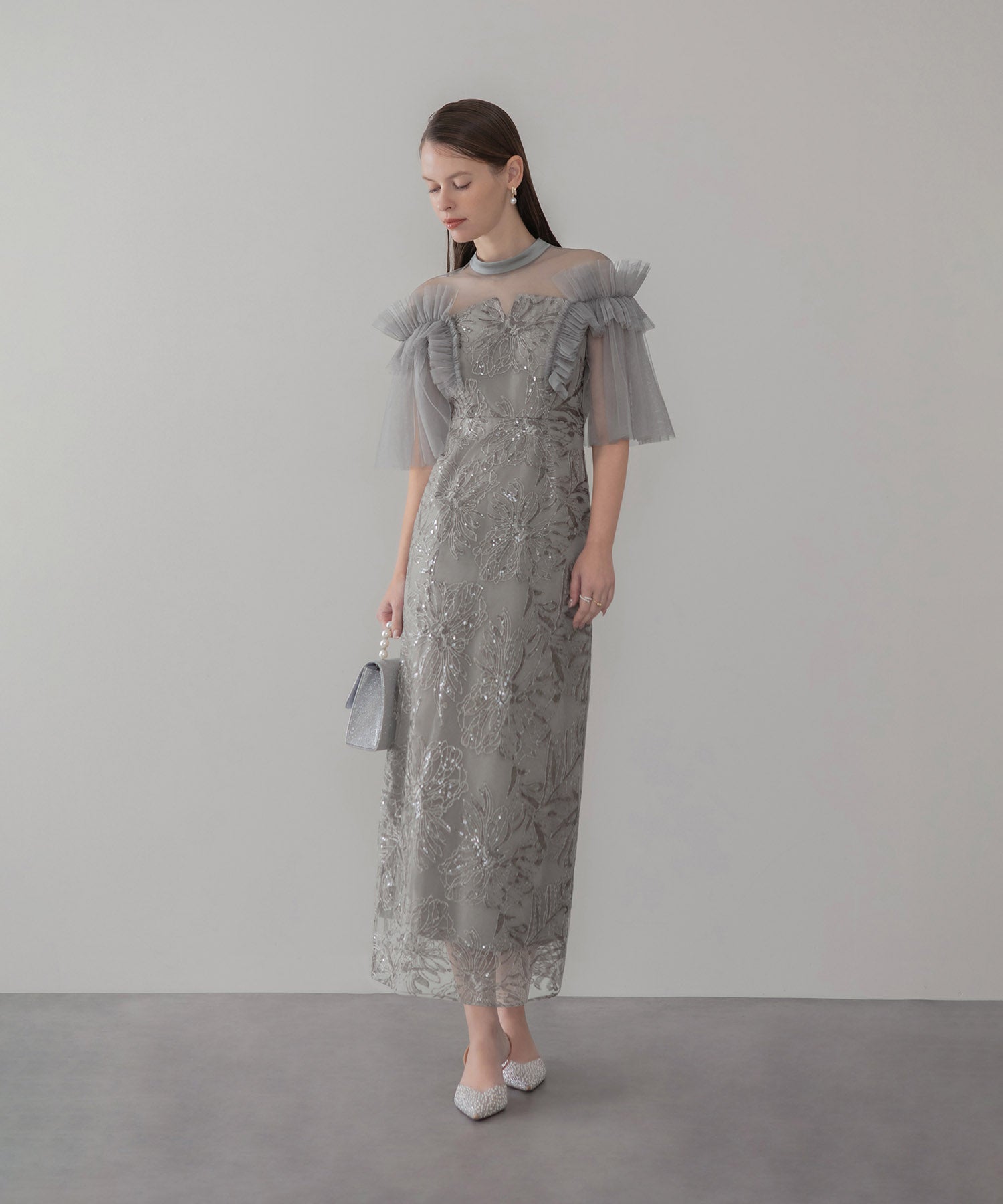 【当日発送】チュールフリルショルダーシアーIラインワンピースドレス