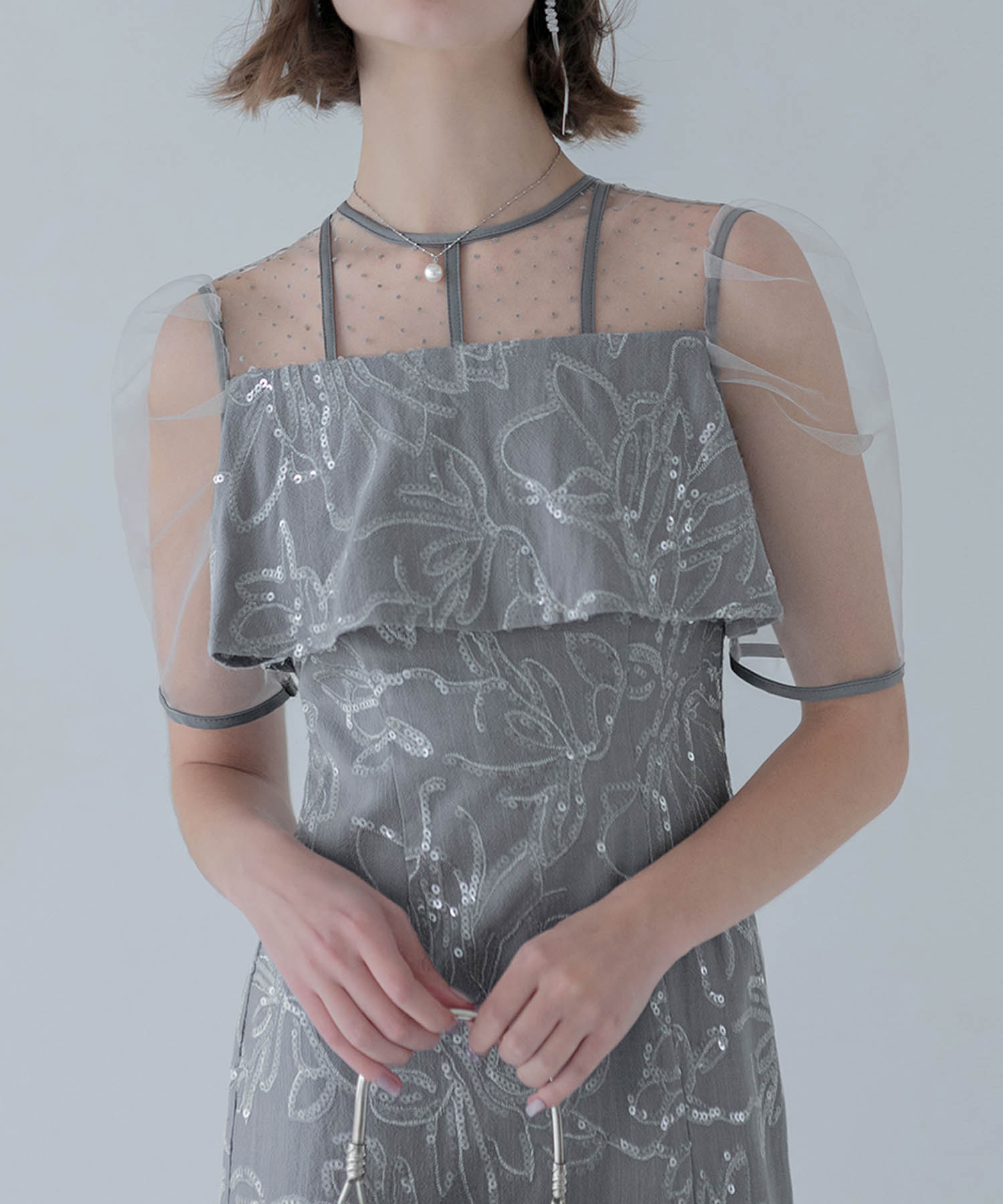 【当日発送】ドットチュールフラワースパンコールIラインワンピースドレス