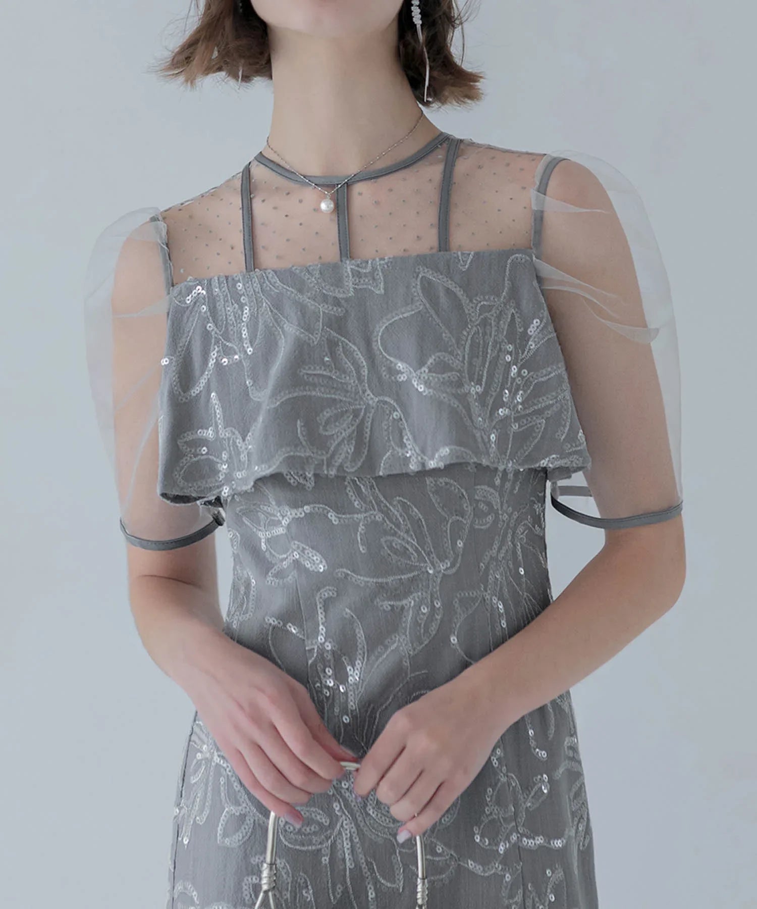 【当日発送】ドットチュールフラワースパンコールIラインワンピースドレス