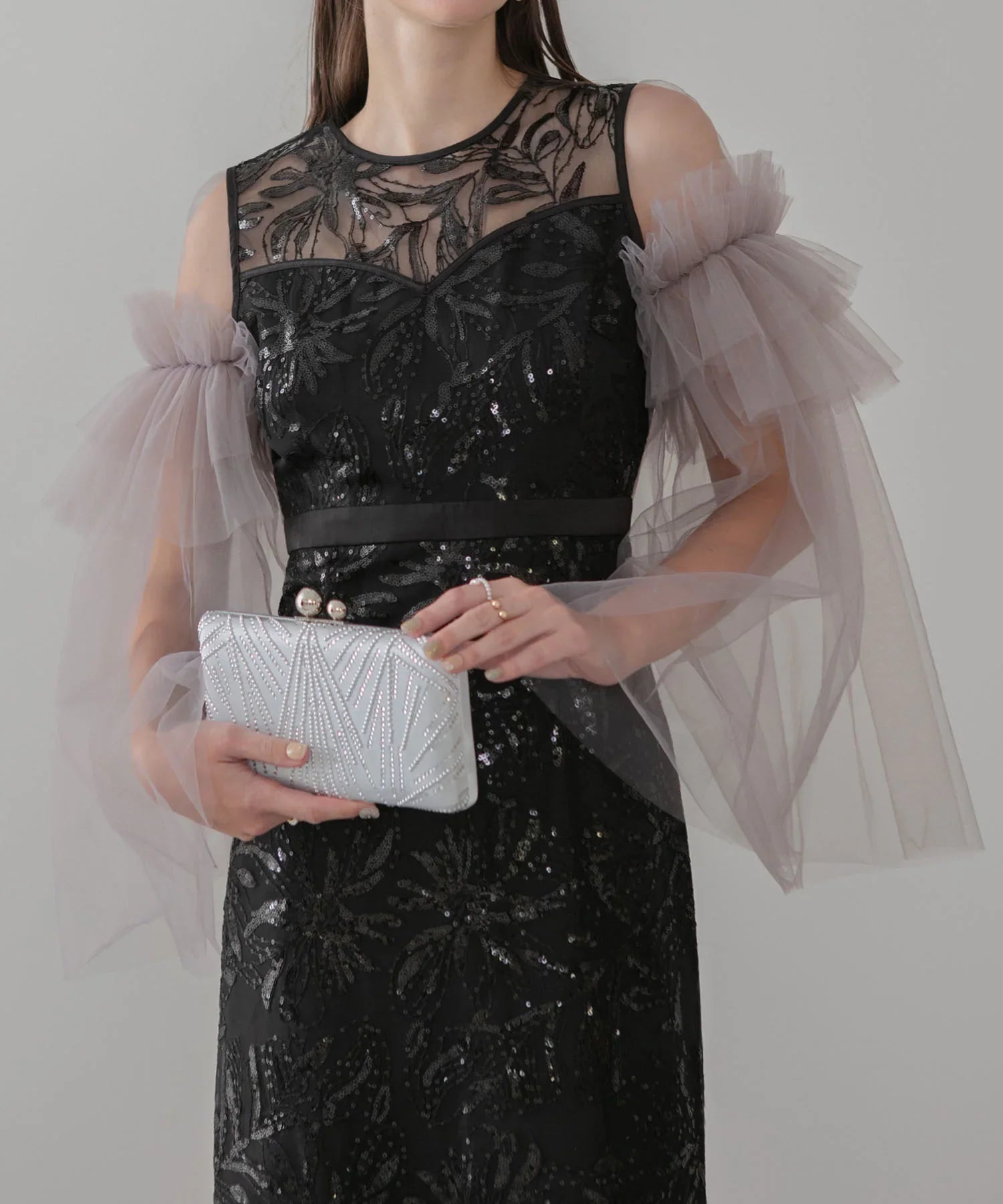 【当日発送】フラワーチュールフリルスリーブIラインワンピースドレス